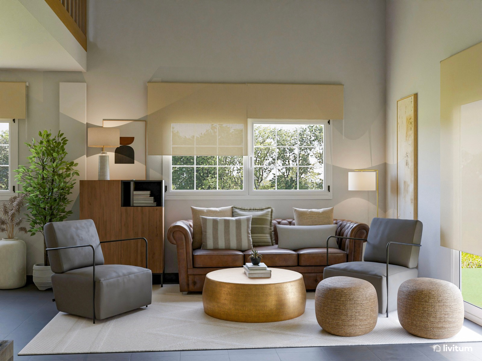 Salón ecléctico cálido con detalles en dorado