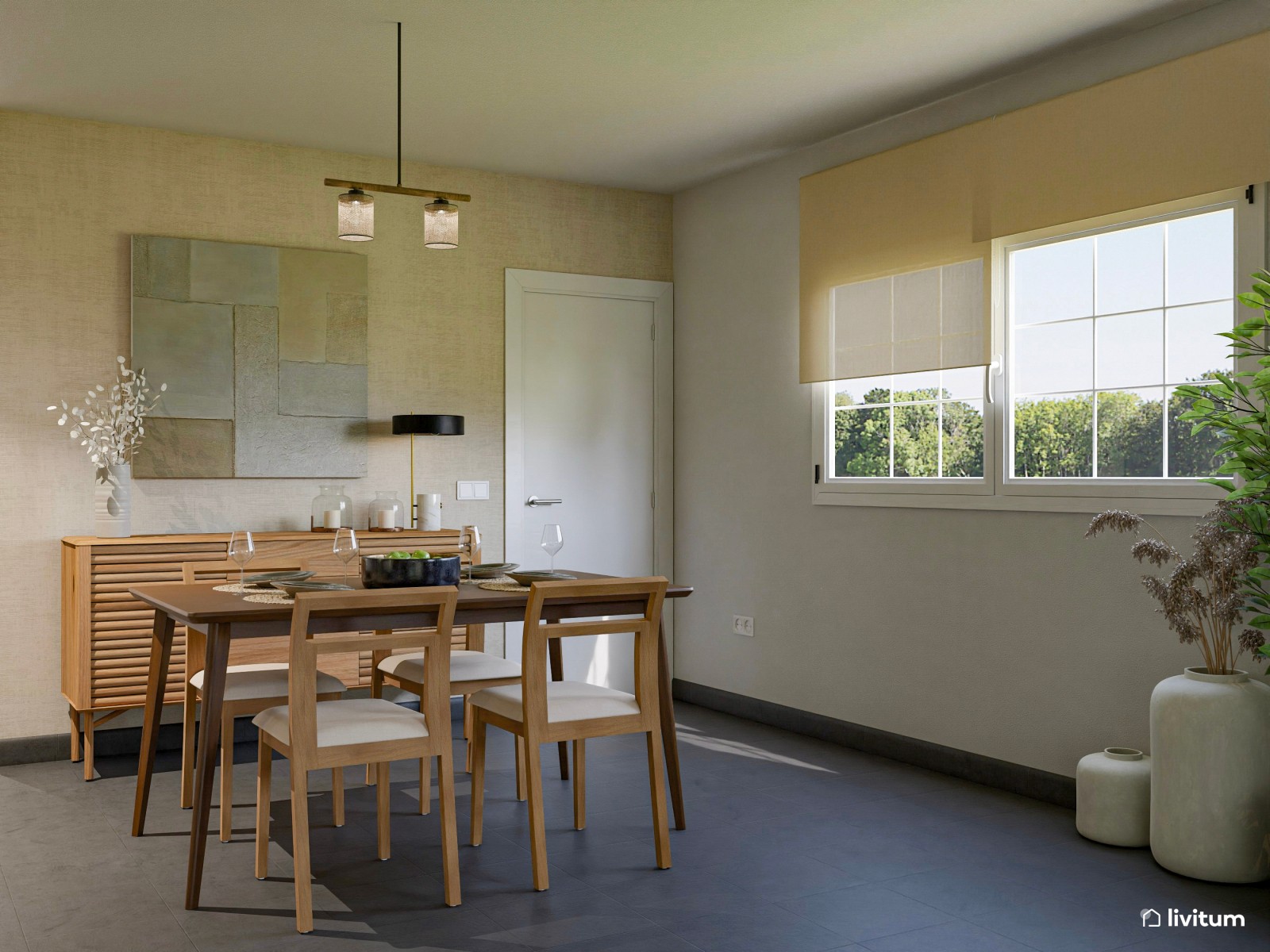 Salón ecléctico cálido con detalles en dorado