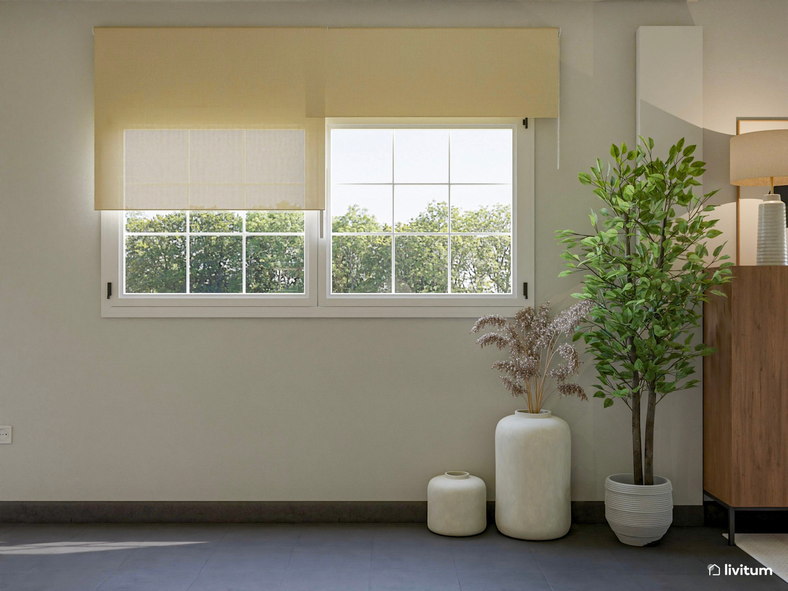 Salón ecléctico cálido con detalles en dorado