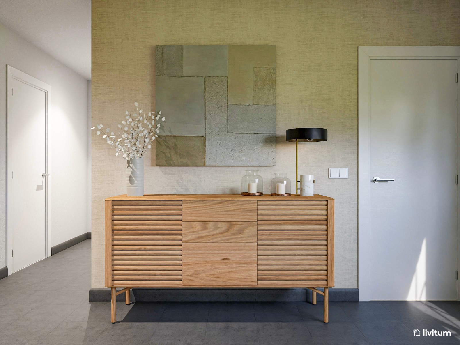 Salón ecléctico cálido con detalles en dorado