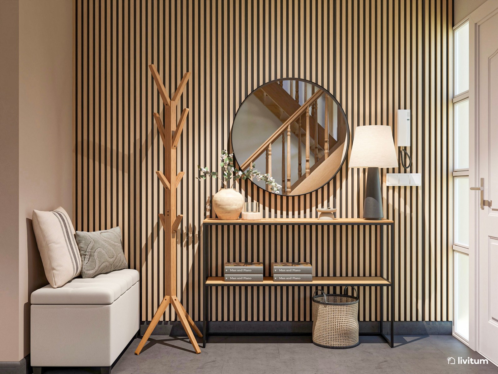 Salón ecléctico cálido con detalles en dorado