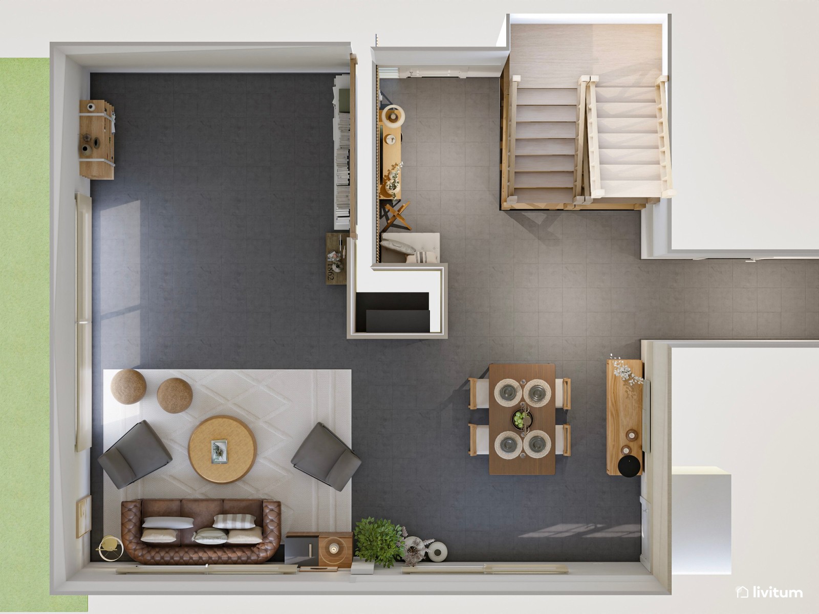 Salón ecléctico cálido con detalles en dorado