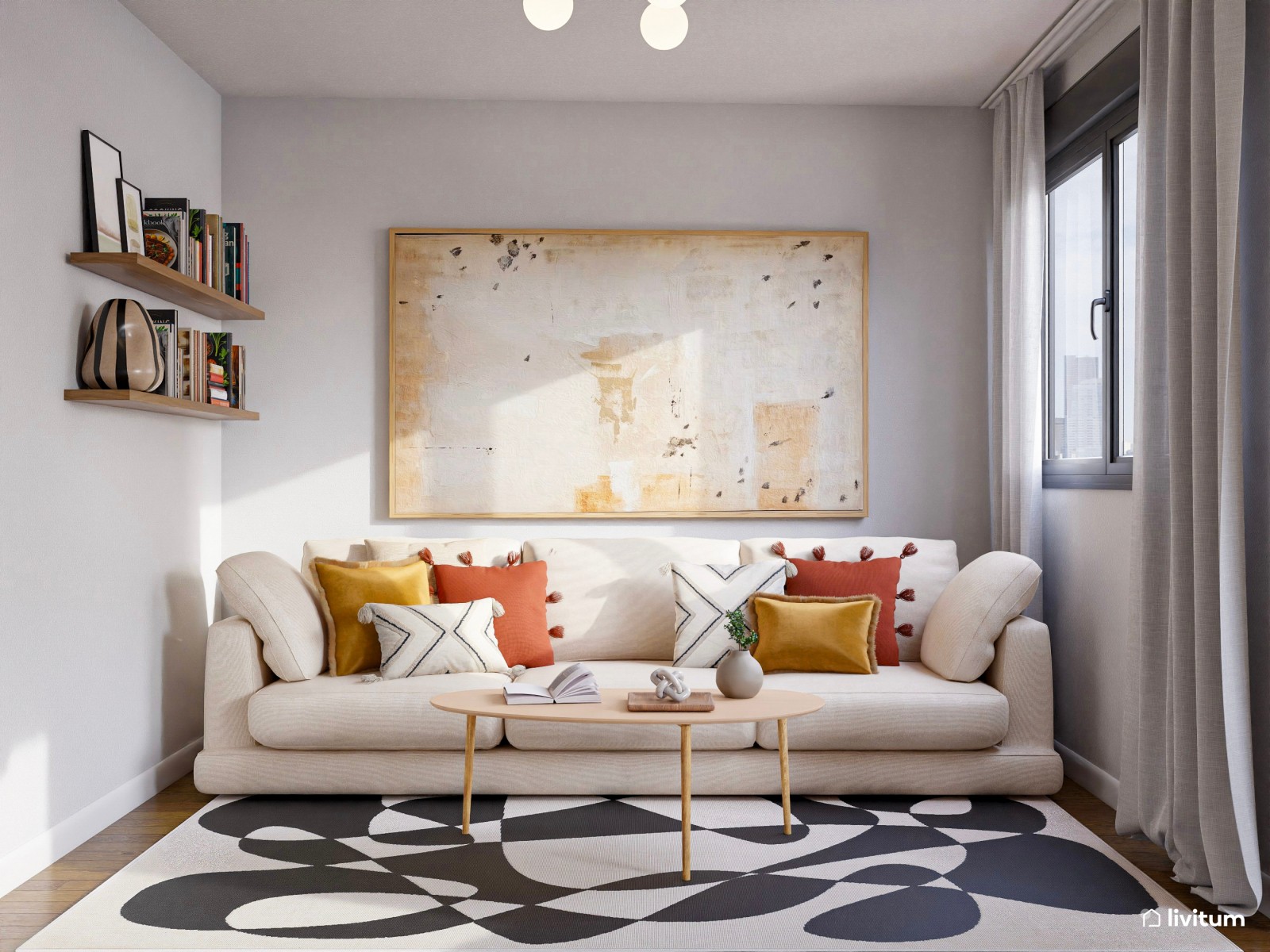 Salón ecléctico con alegres detalles en color terracota