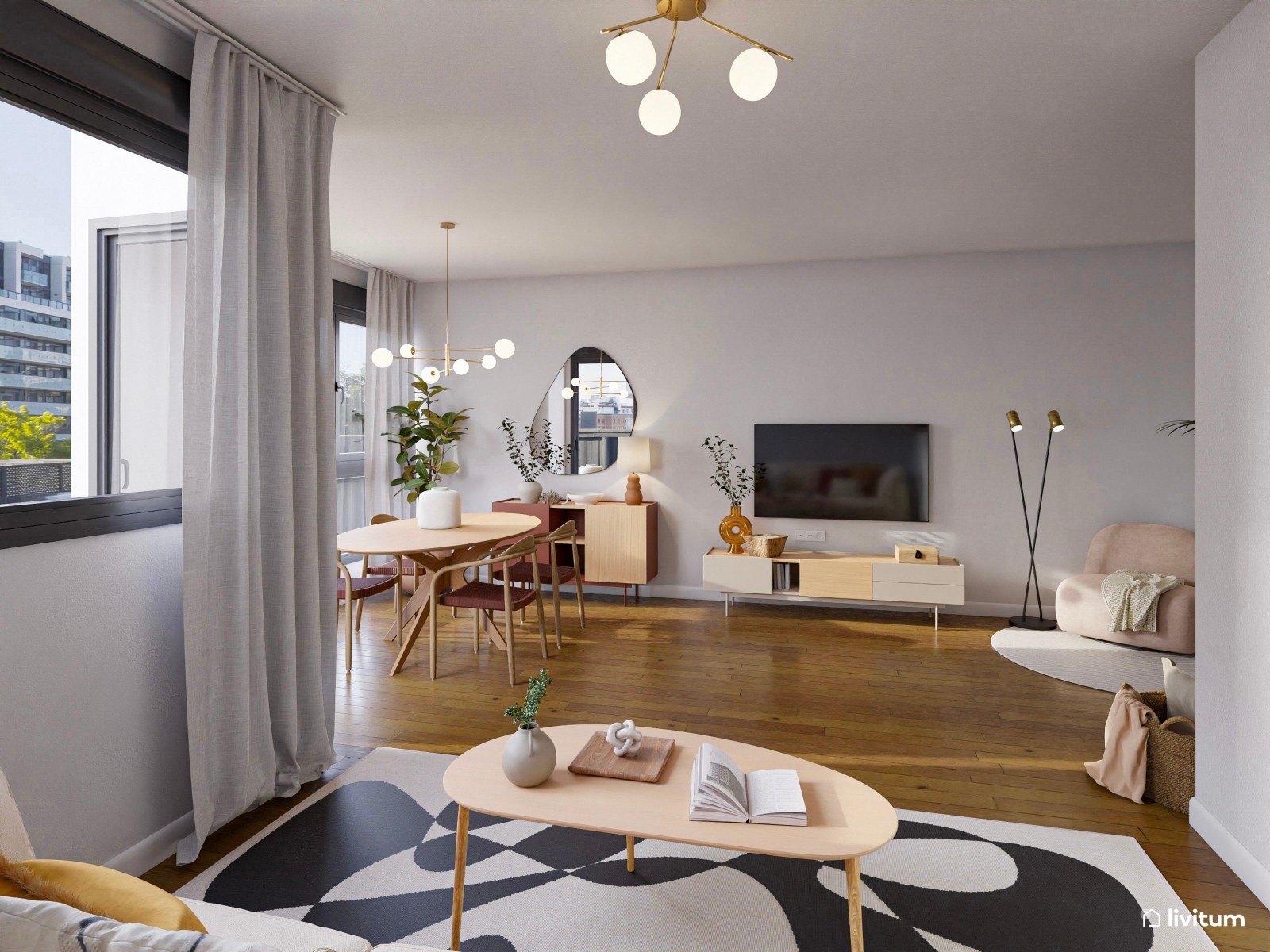 Salón ecléctico con alegres detalles en color terracota