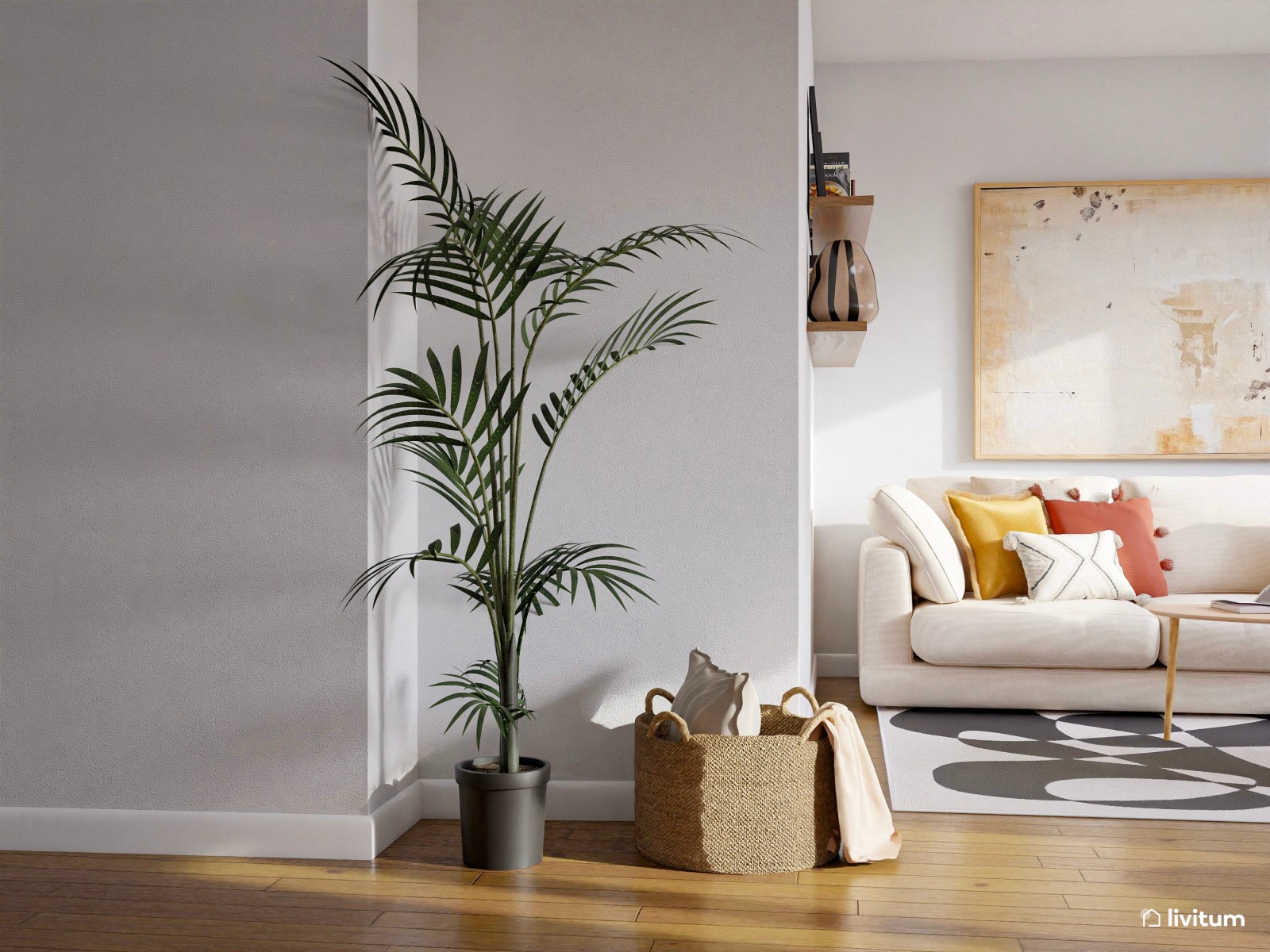 Salón ecléctico con alegres detalles en color terracota