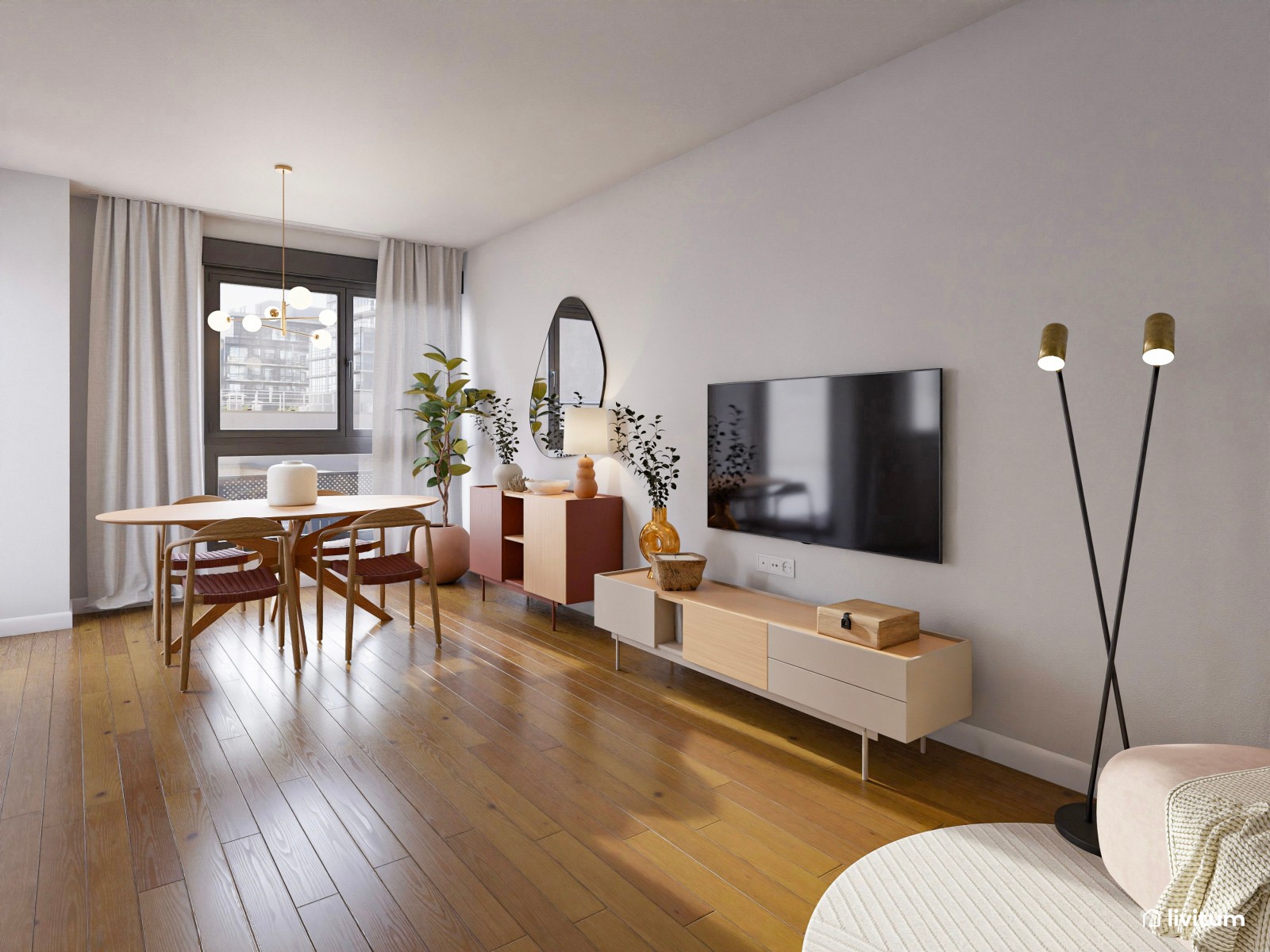 Salón ecléctico con alegres detalles en color terracota