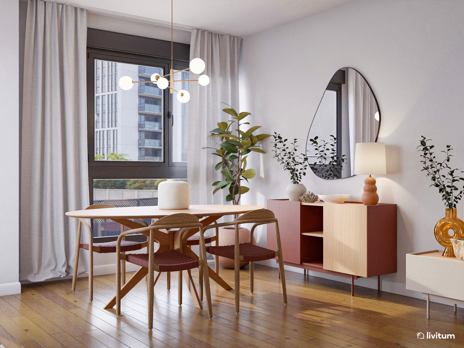 Salón ecléctico con alegres detalles en color terracota