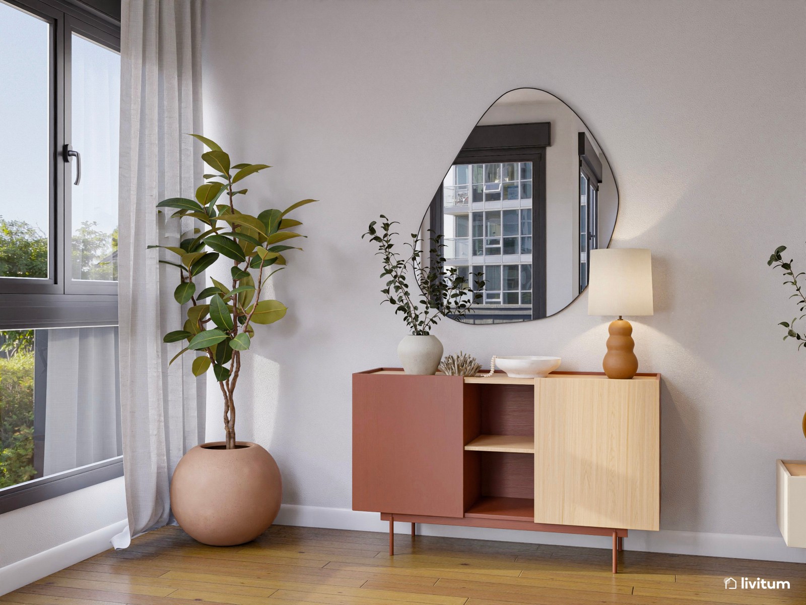 Salón ecléctico con alegres detalles en color terracota