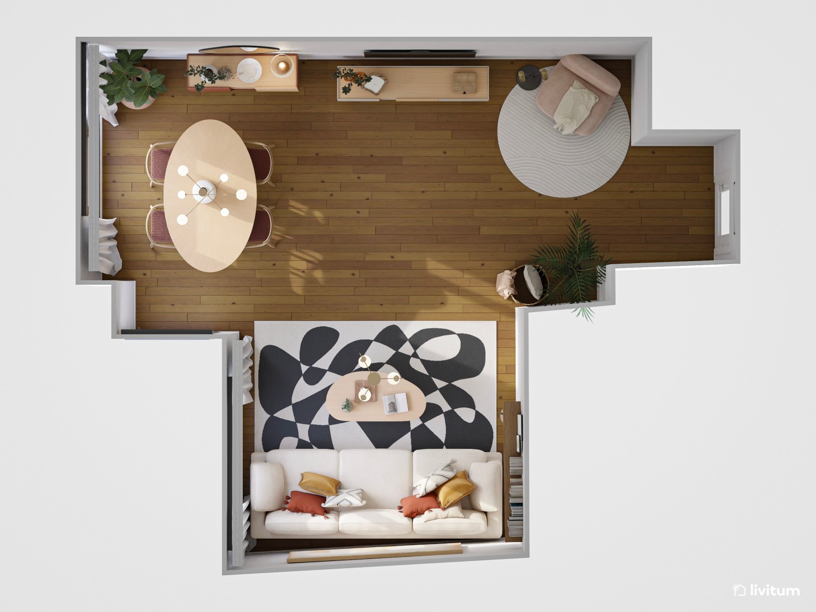 Salón ecléctico con alegres detalles en color terracota