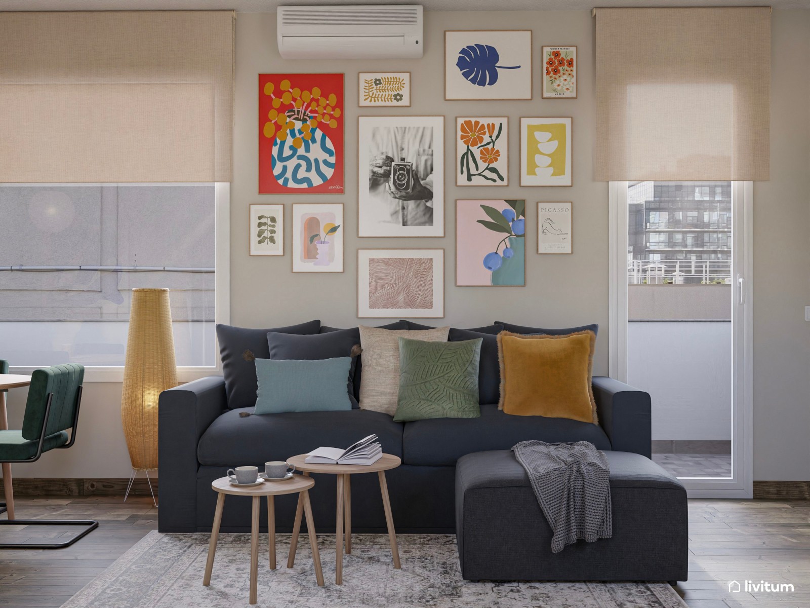 Salón ecléctico con comedor y zona de trabajo