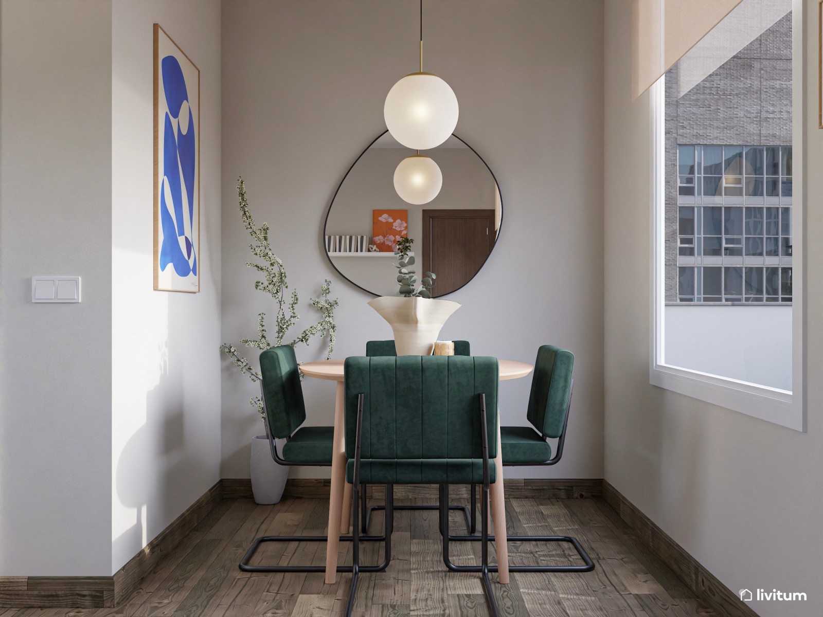 Salón ecléctico con comedor y zona de trabajo
