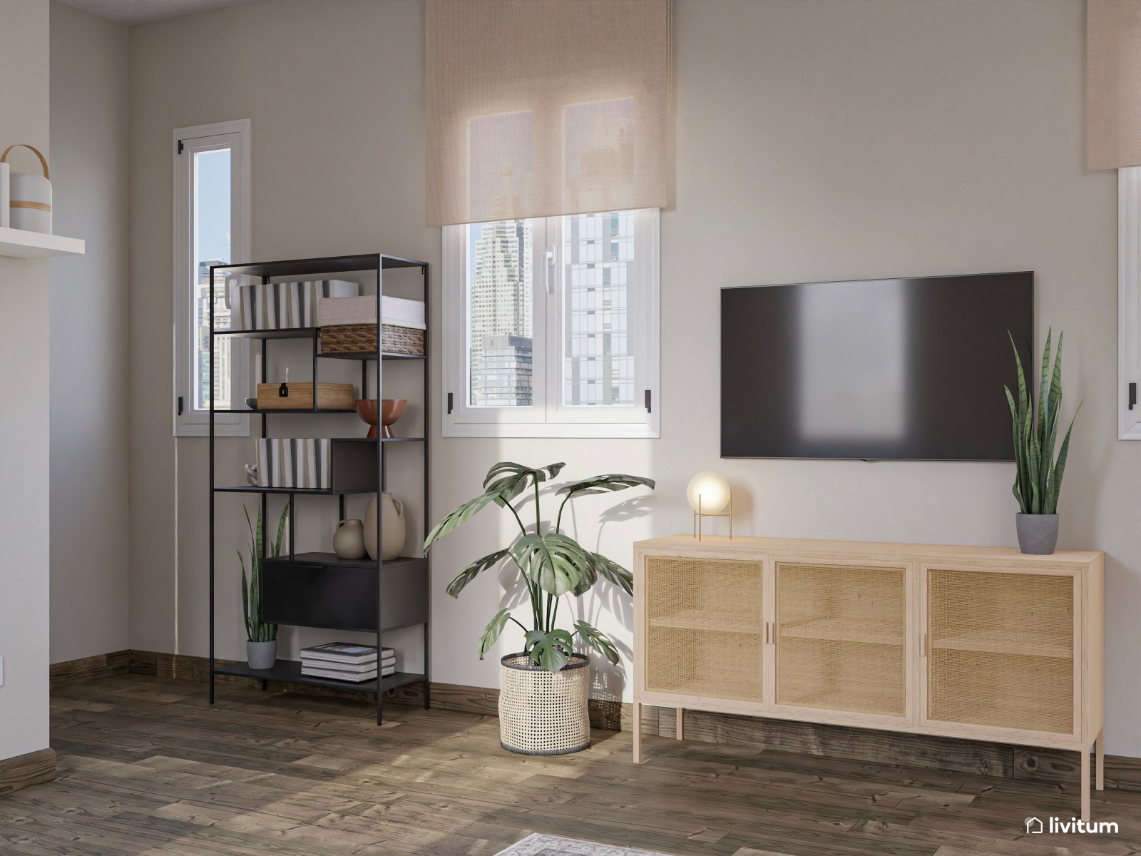 Salón ecléctico con comedor y zona de trabajo