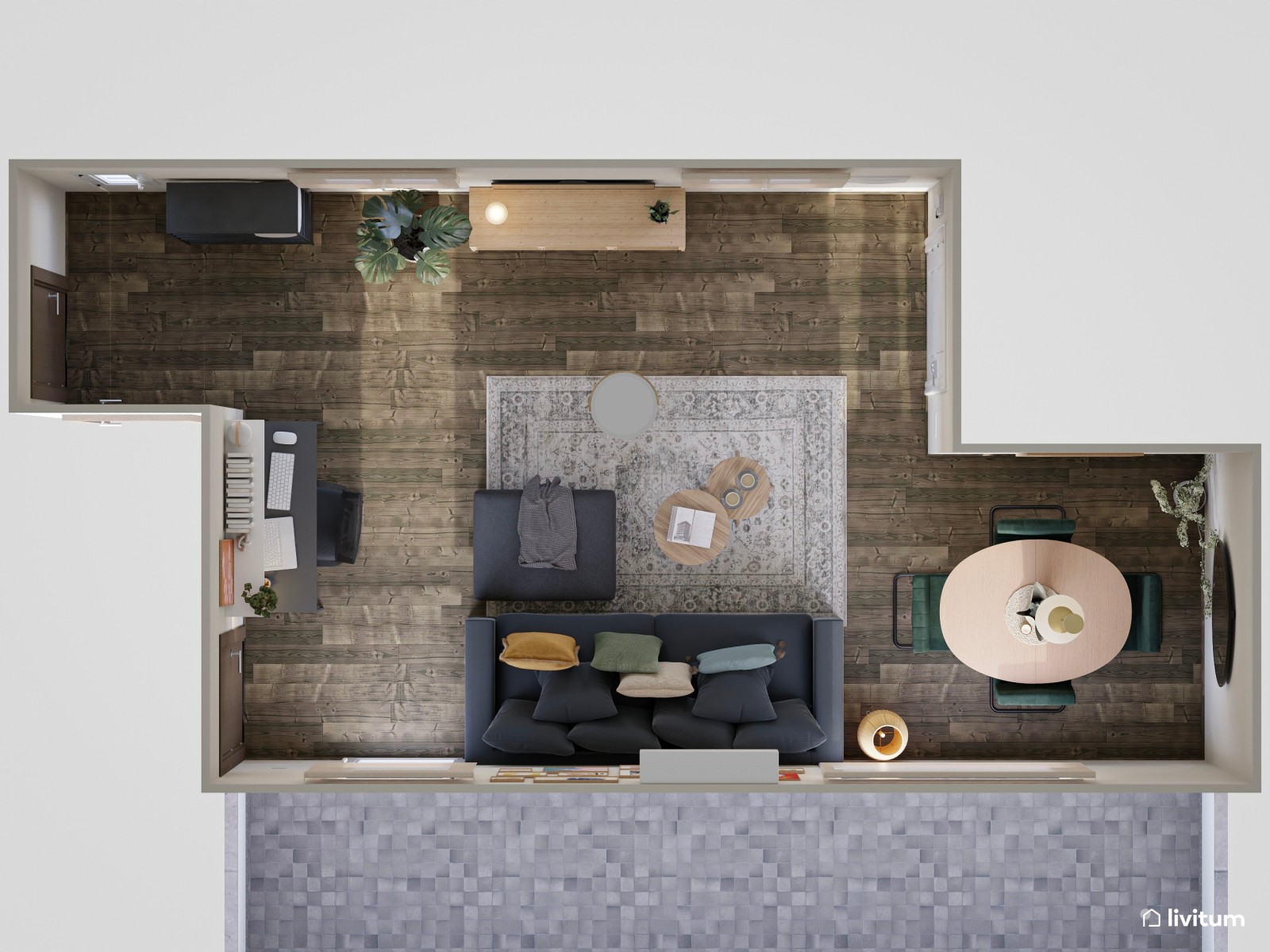Salón ecléctico con comedor y zona de trabajo