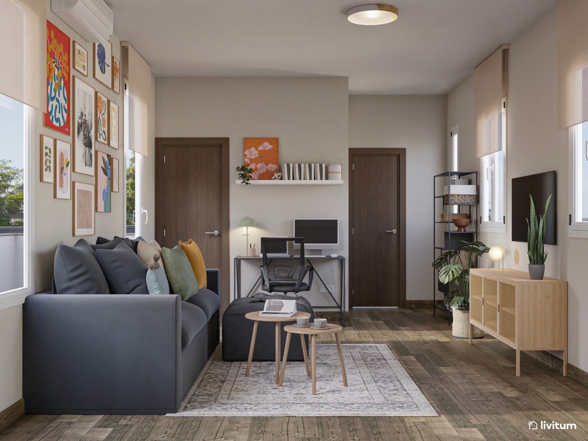 Salón ecléctico con comedor y zona de trabajo