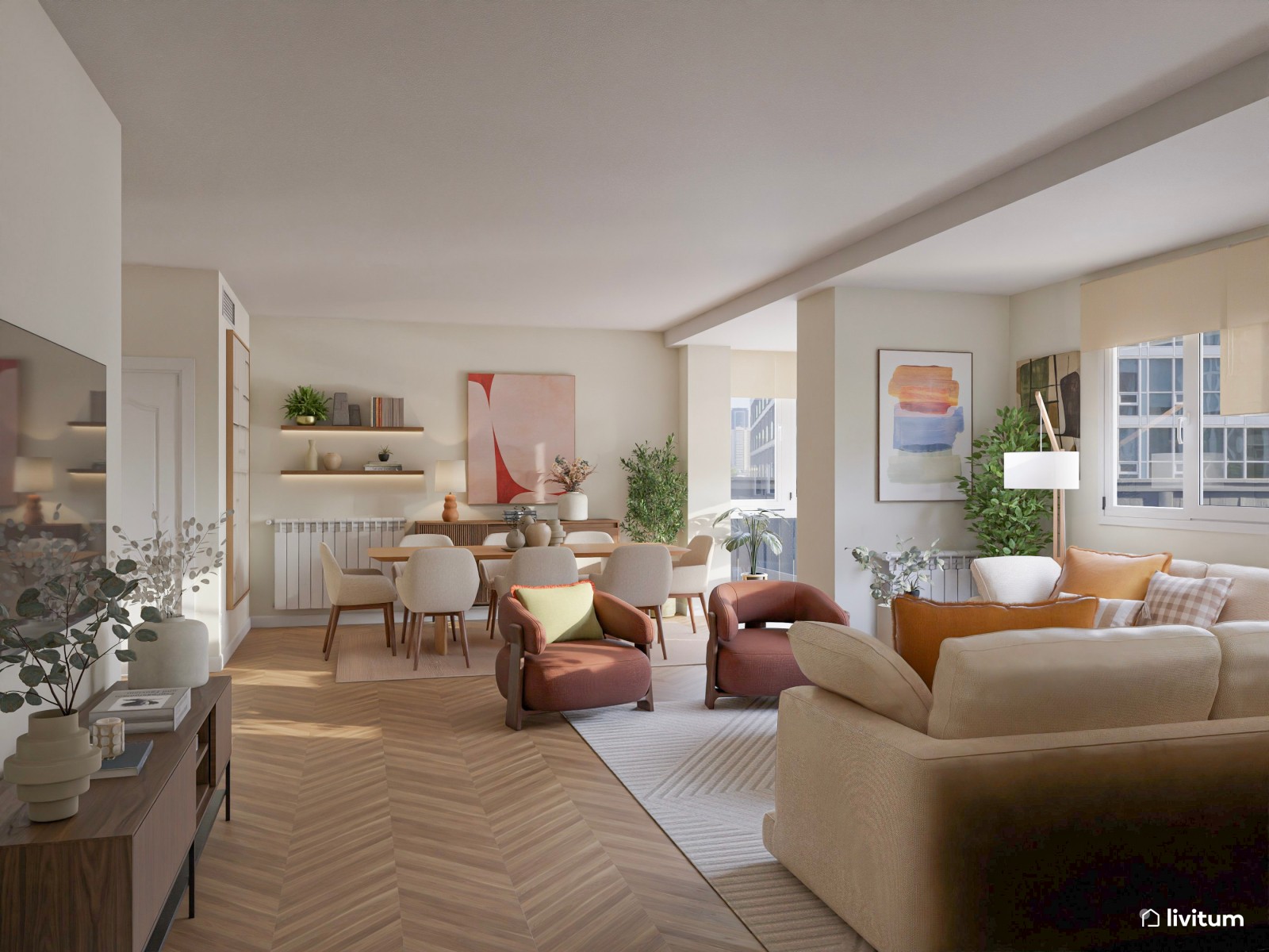 Salón ecléctico con muebles modernos y estampados interesantes