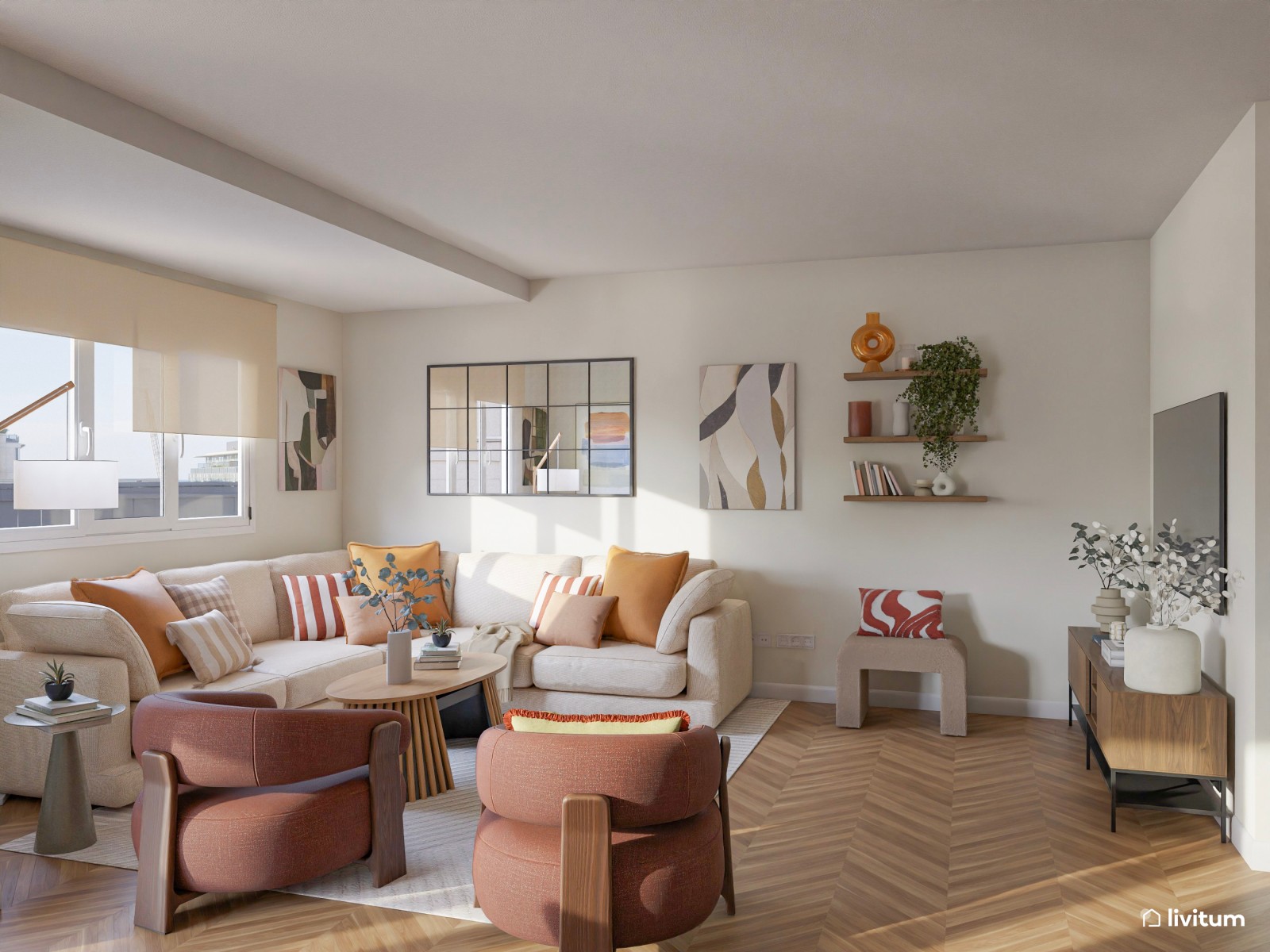 Salón ecléctico con muebles modernos y estampados interesantes