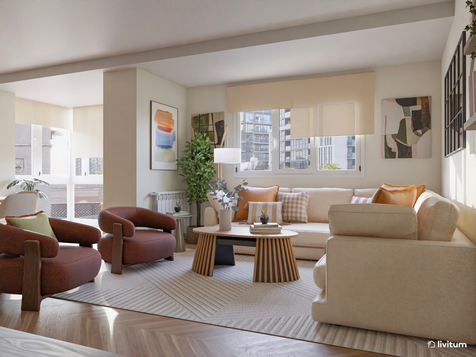 Salón ecléctico con muebles modernos y estampados interesantes