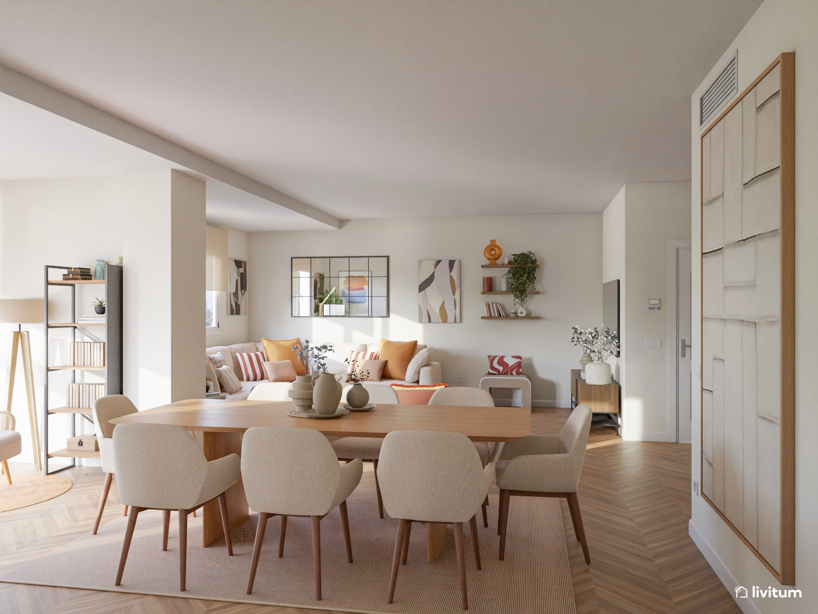 Salón ecléctico con muebles modernos y estampados interesantes