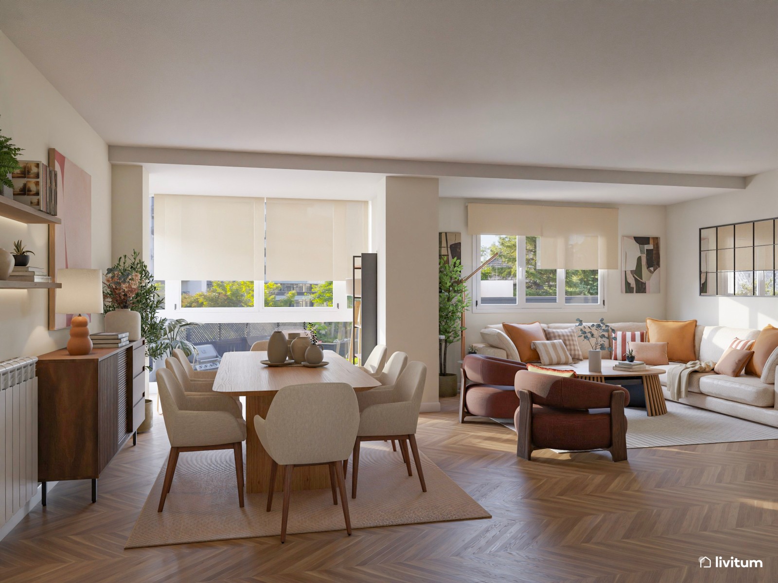 Salón ecléctico con muebles modernos y estampados interesantes