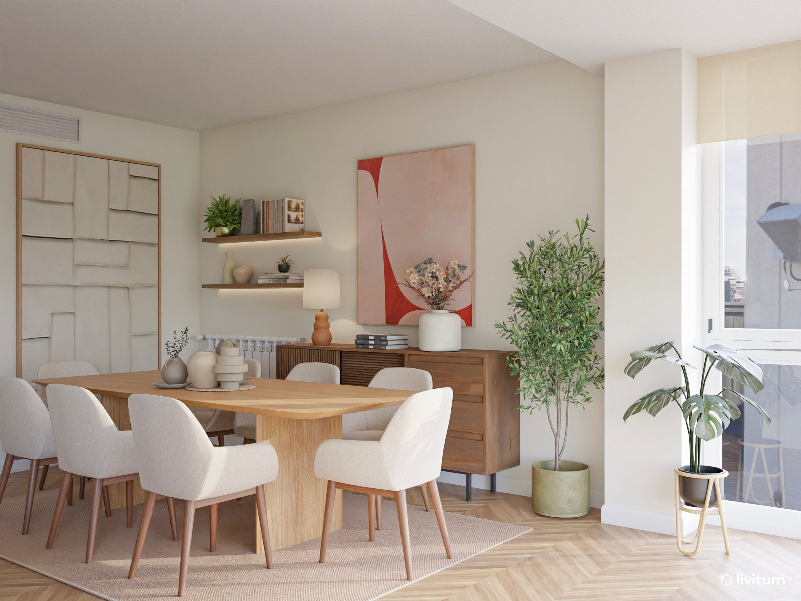 Salón ecléctico con muebles modernos y estampados interesantes