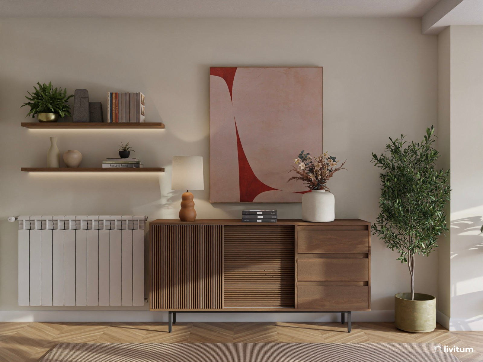 Salón ecléctico con muebles modernos y estampados interesantes