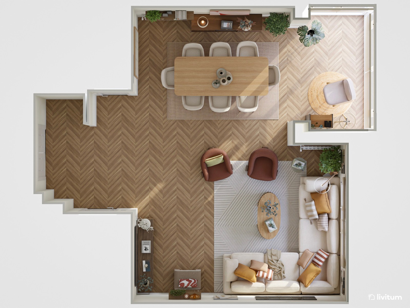 Salón ecléctico con muebles modernos y estampados interesantes