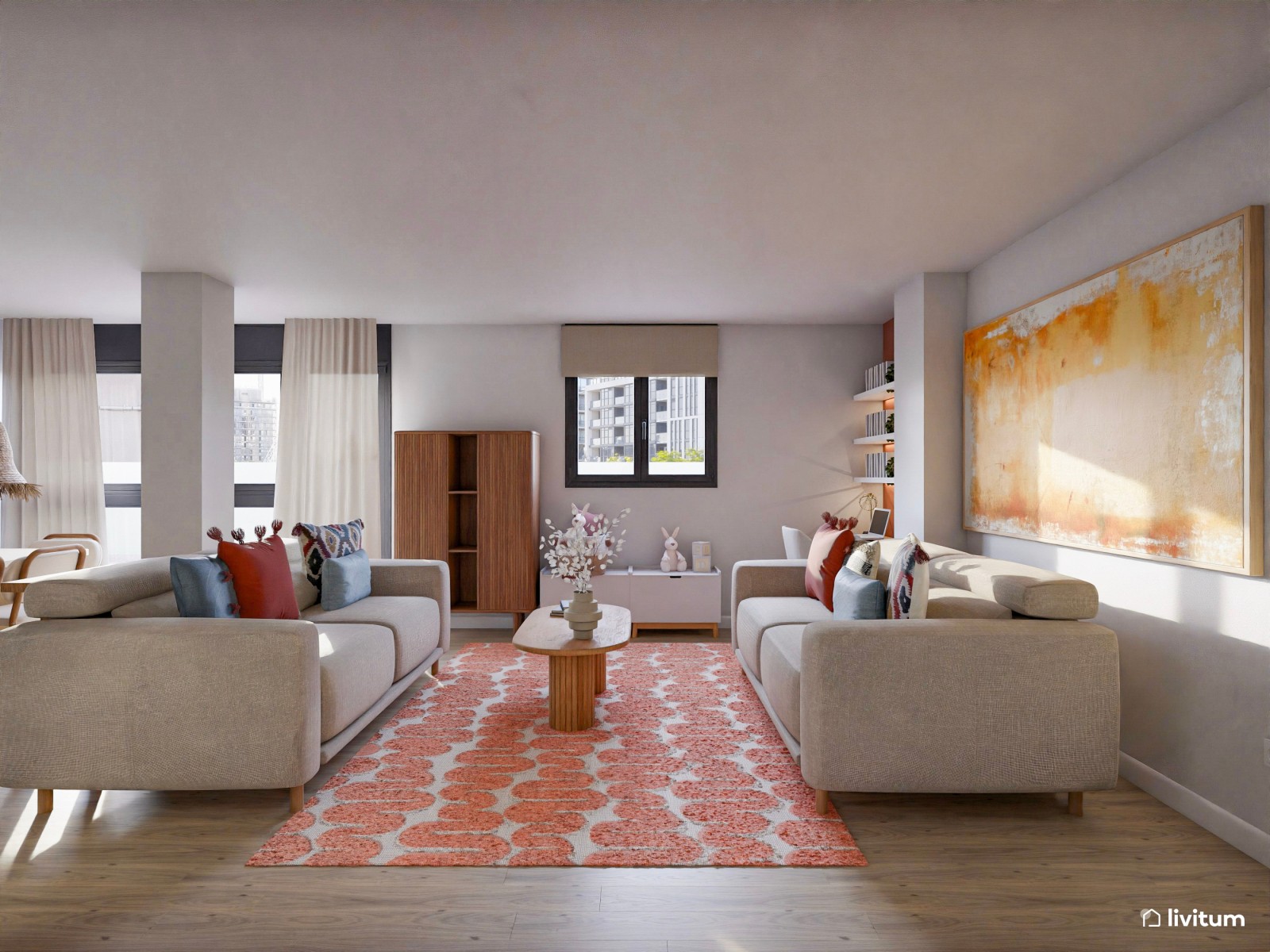 Salón ecléctico decorado en madera y tonos vibrantes