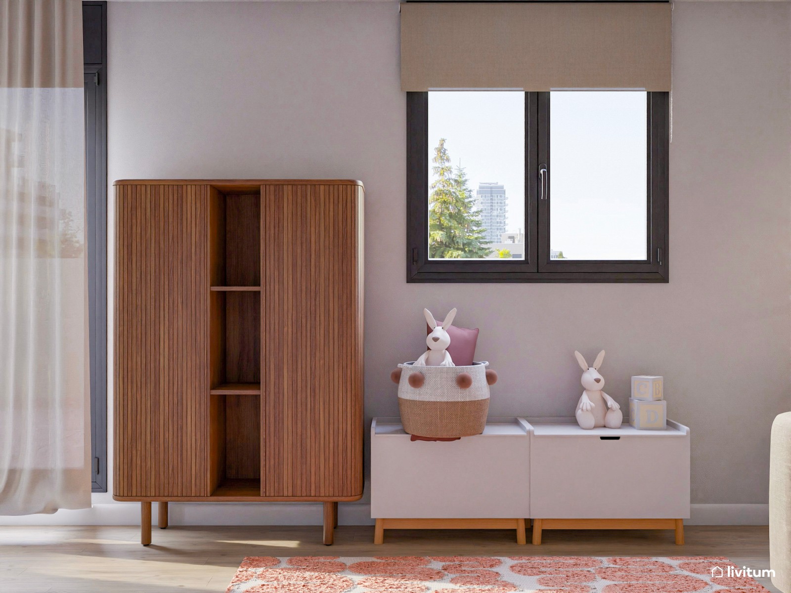 Salón ecléctico decorado en madera y tonos vibrantes