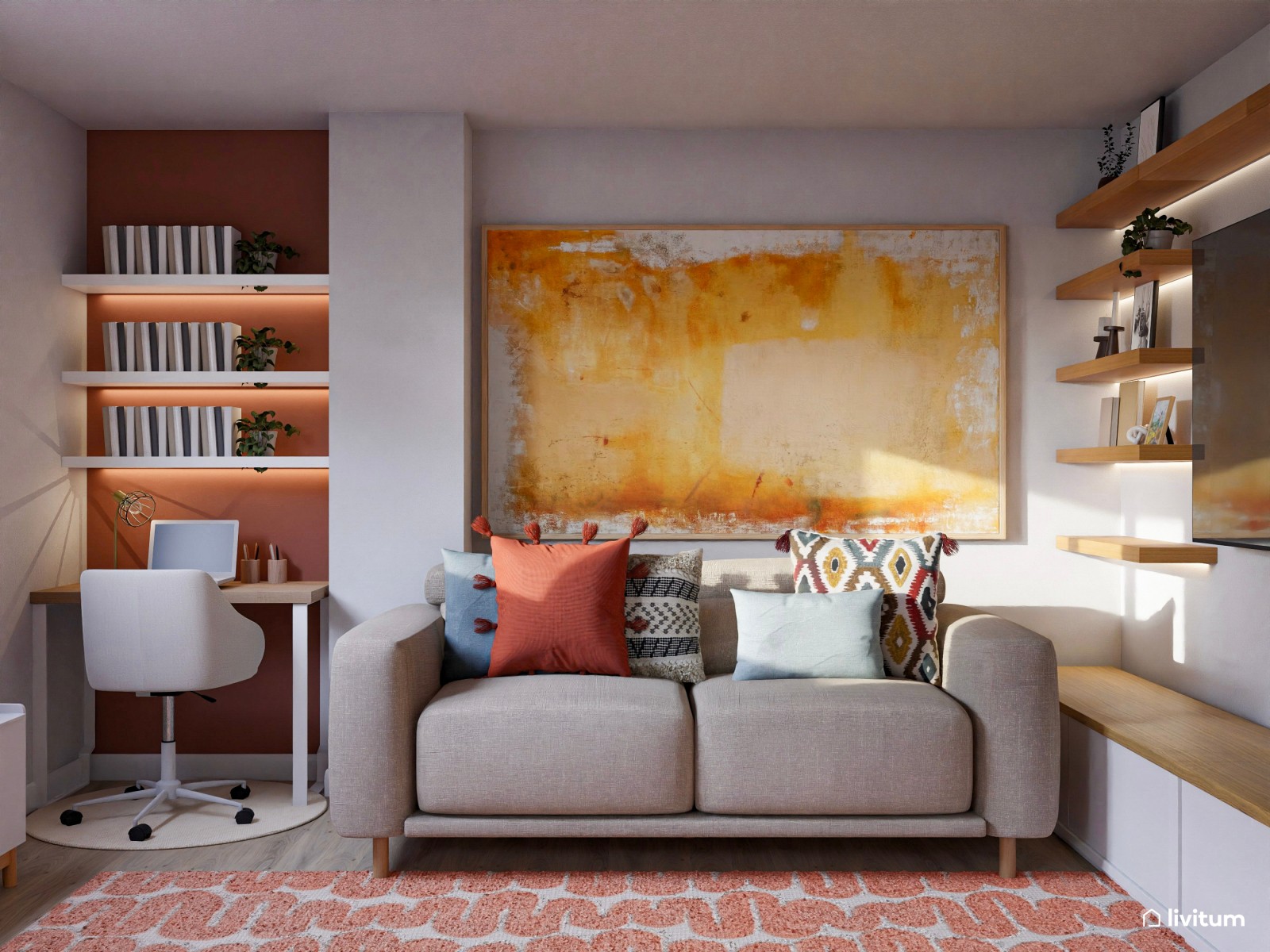 Salón ecléctico decorado en madera y tonos vibrantes
