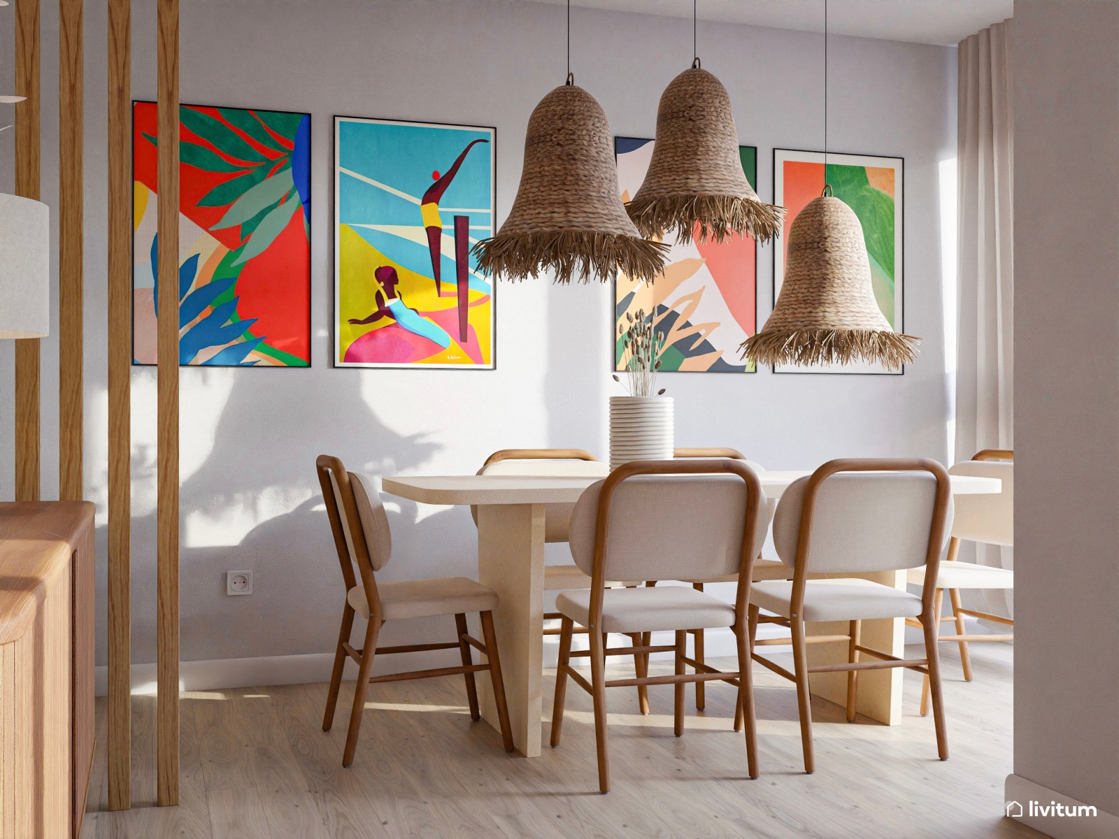 Salón ecléctico decorado en madera y tonos vibrantes