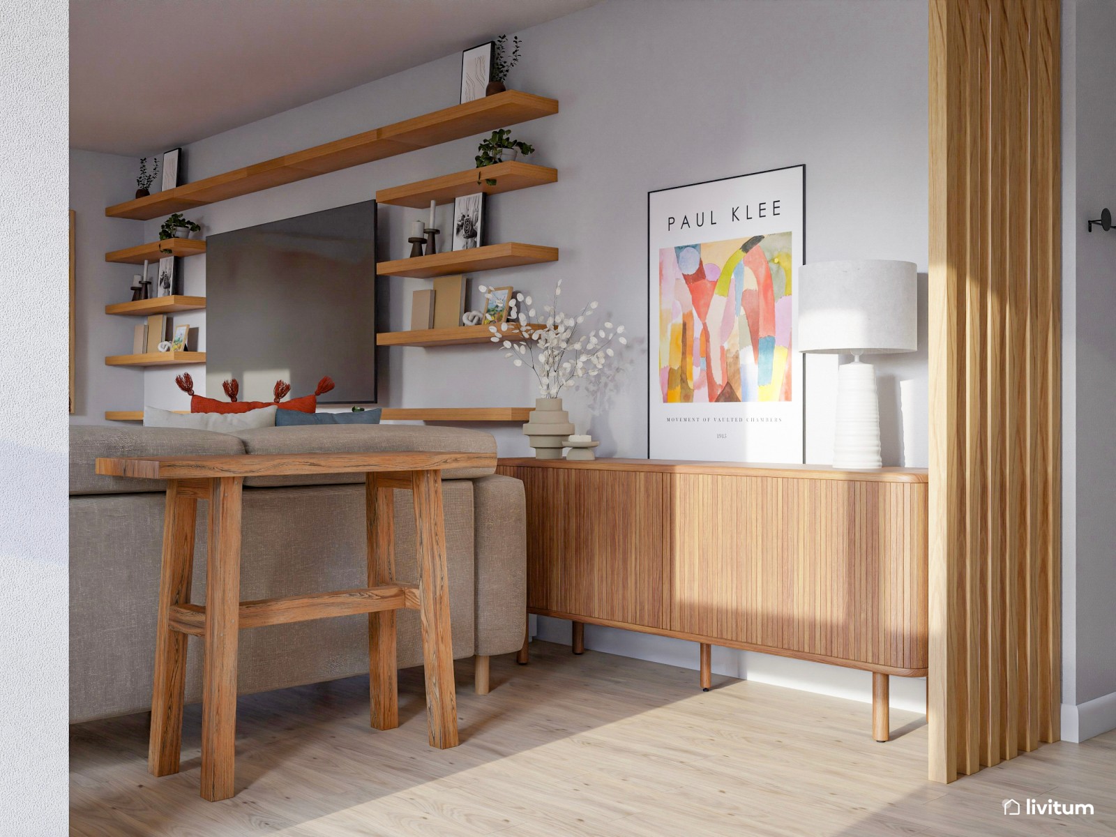 Salón ecléctico decorado en madera y tonos vibrantes