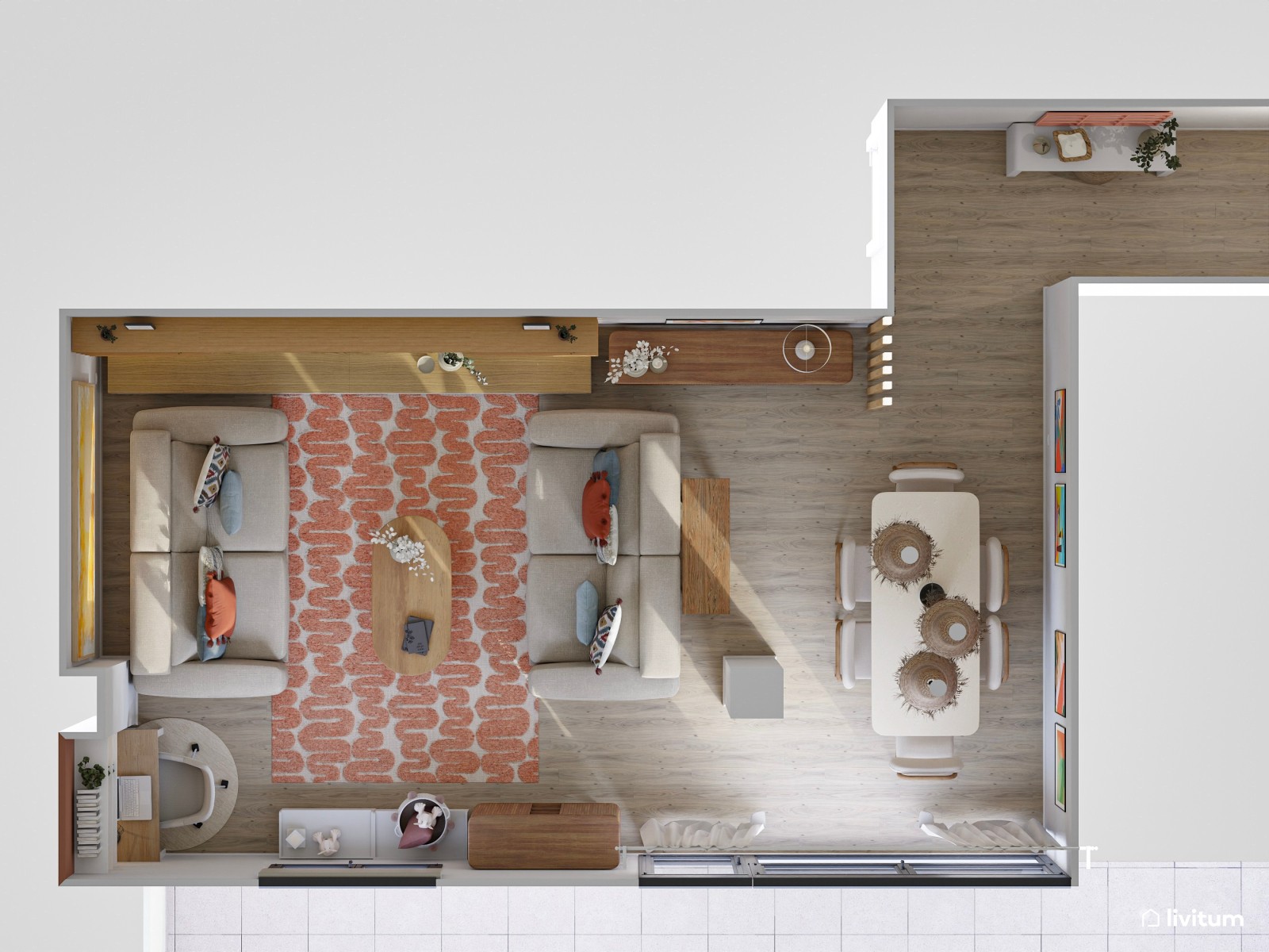 Salón ecléctico decorado en madera y tonos vibrantes