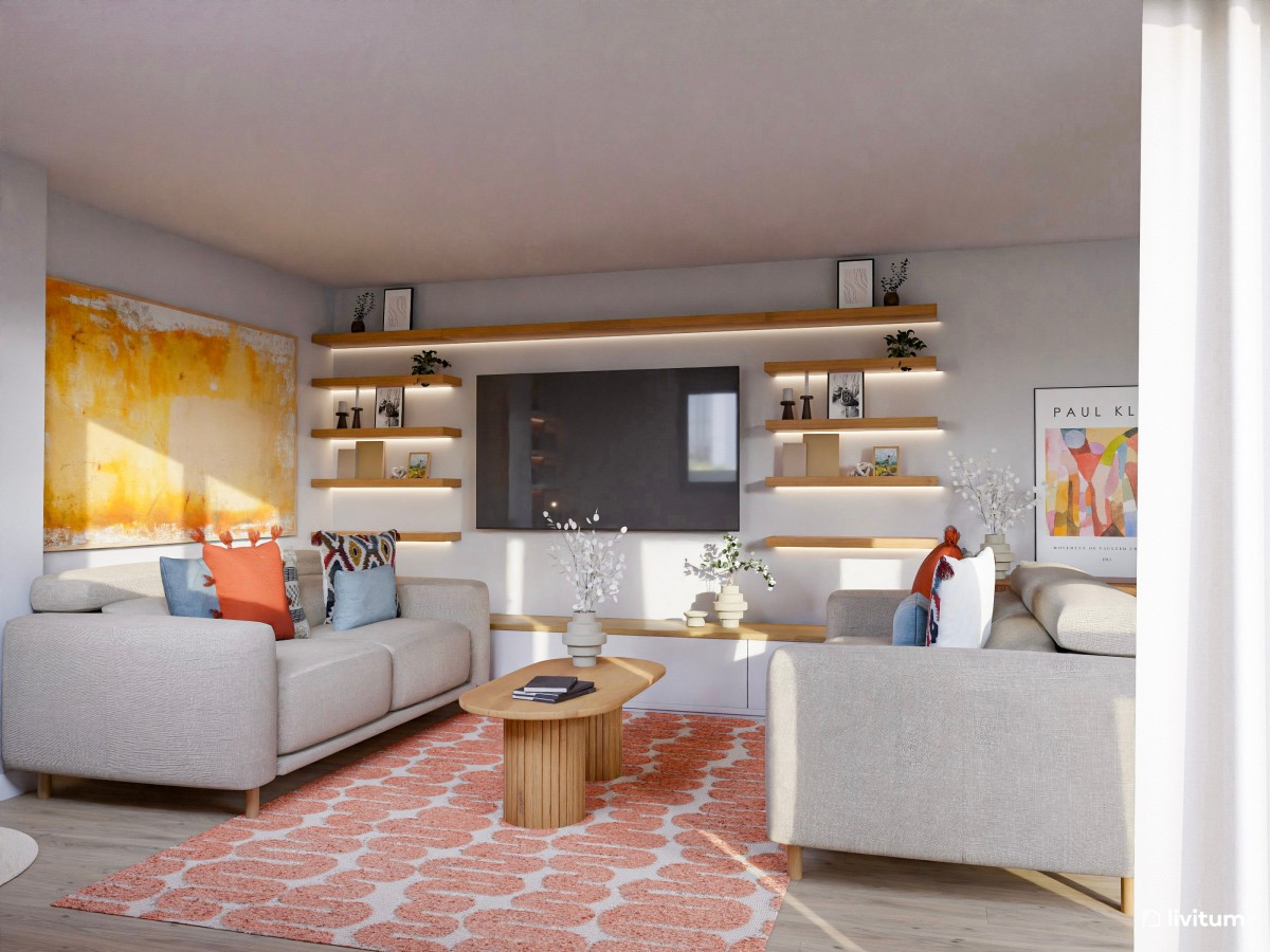 Salón ecléctico decorado en madera y tonos vibrantes