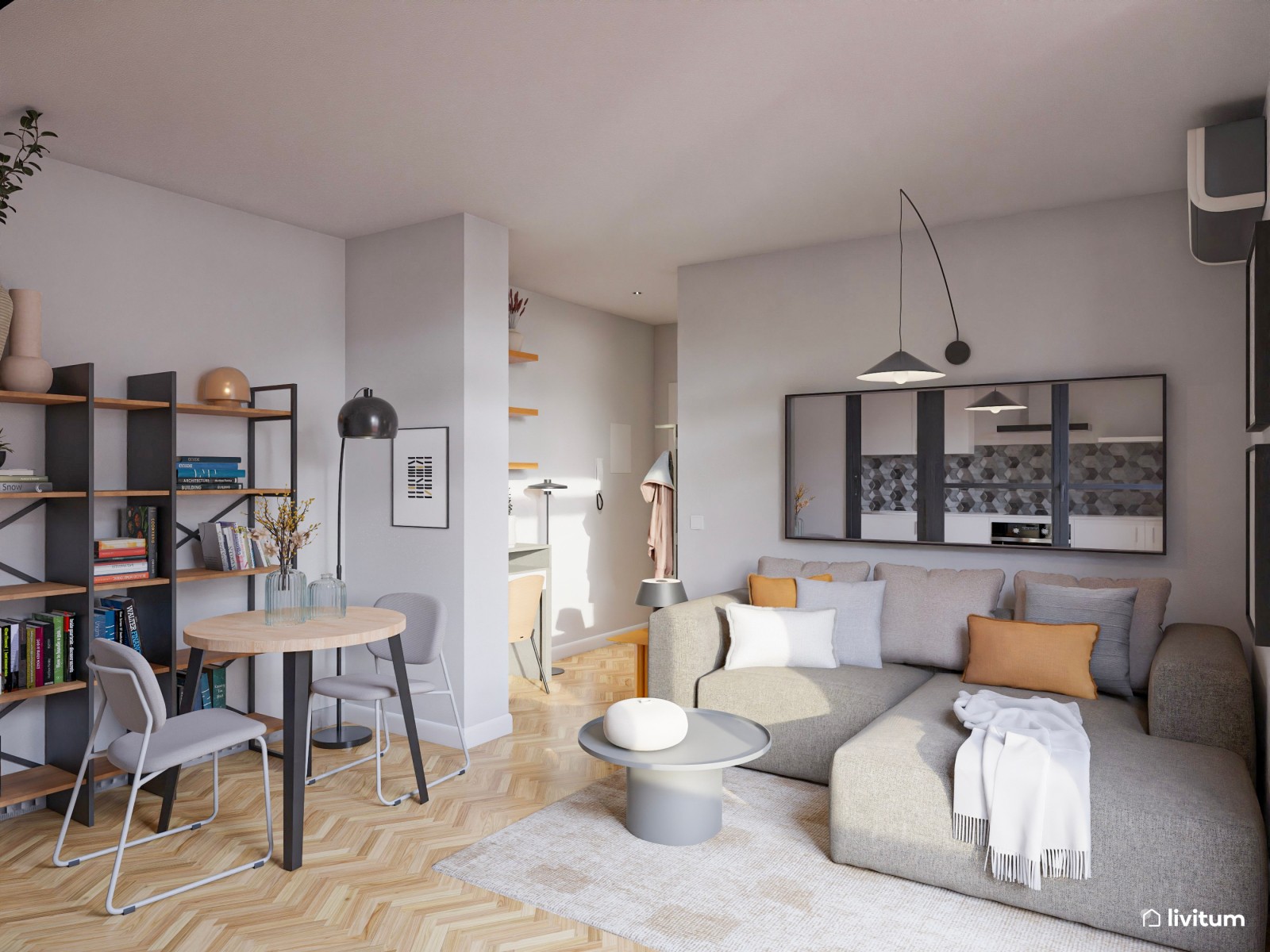 Salón ecléctico moderno pequeño de 15 m² con formas geométricas 