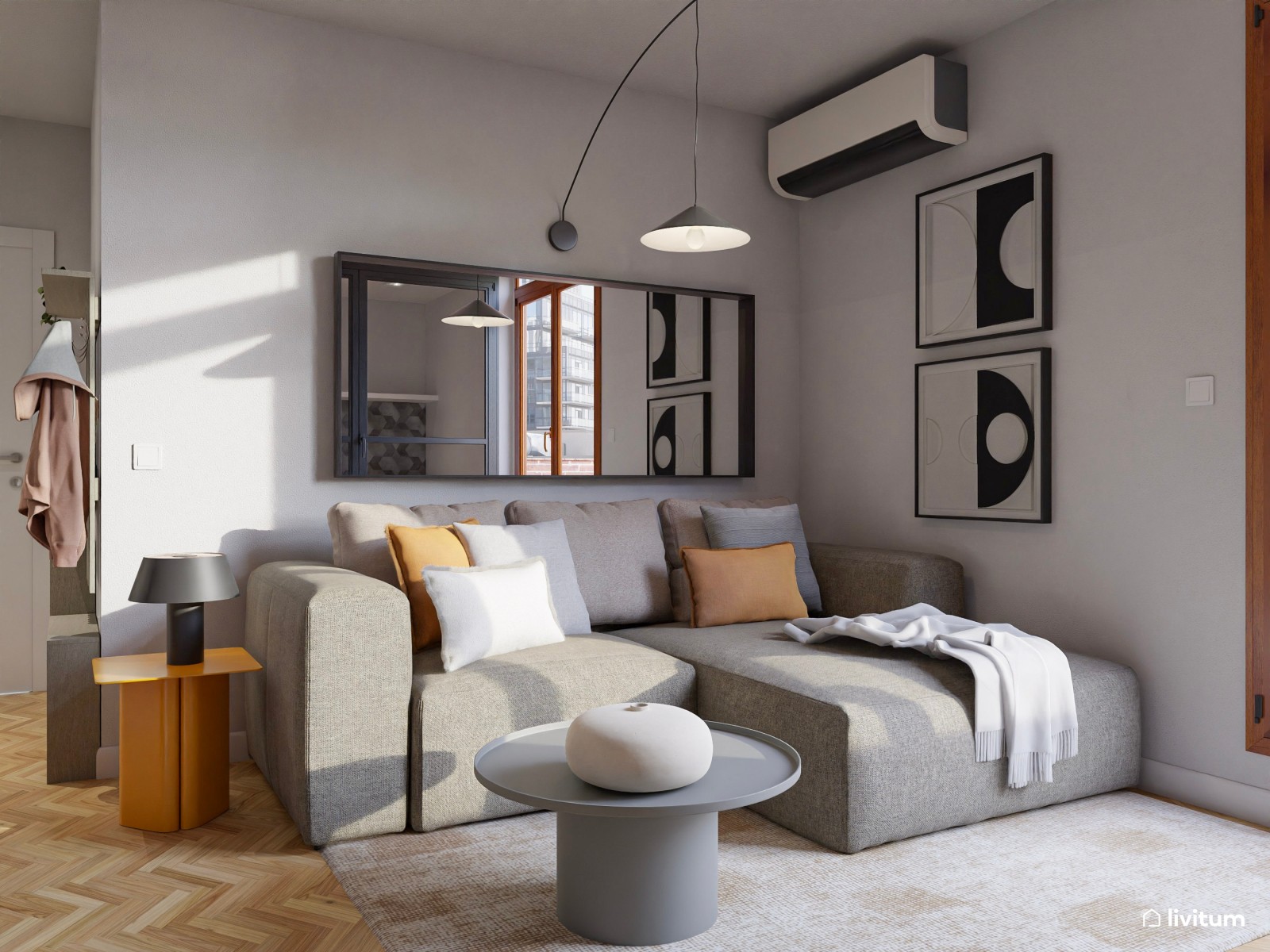 Salón ecléctico moderno pequeño de 15 m² con formas geométricas 