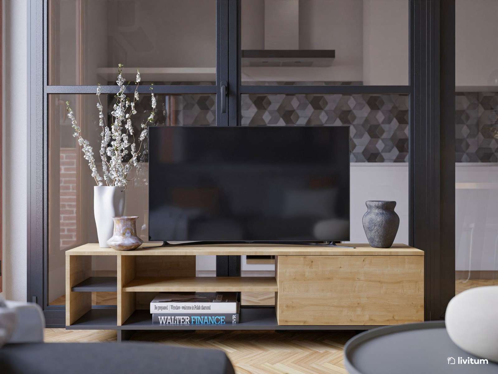 Salón ecléctico moderno pequeño de 15 m² con formas geométricas 