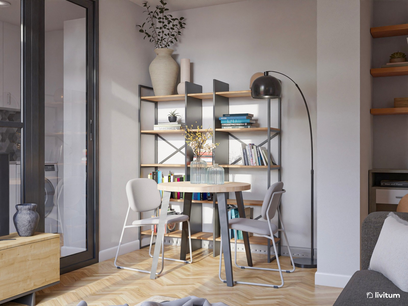 Salón ecléctico moderno pequeño de 15 m² con formas geométricas 