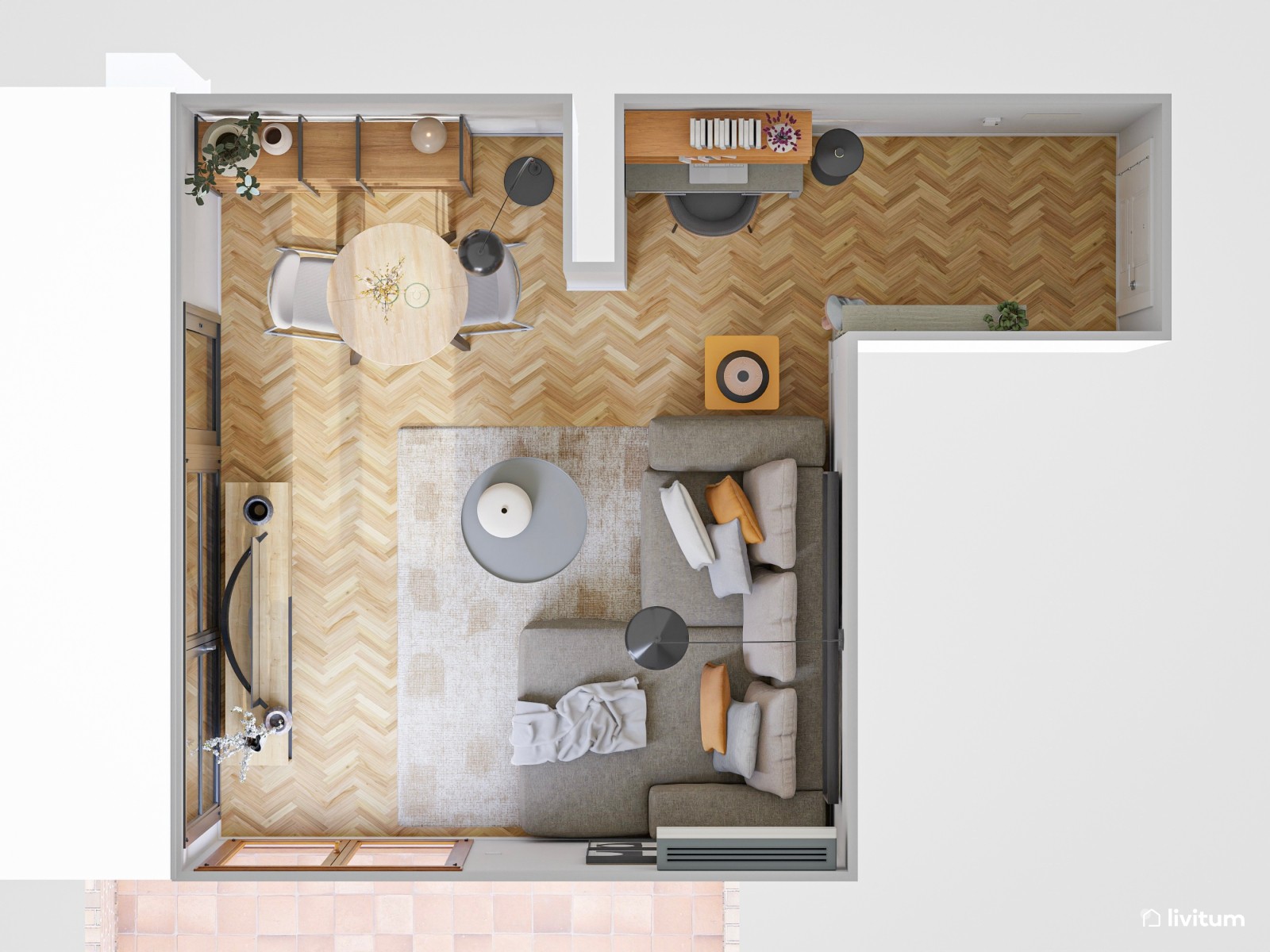 Salón ecléctico moderno pequeño de 15 m² con formas geométricas 