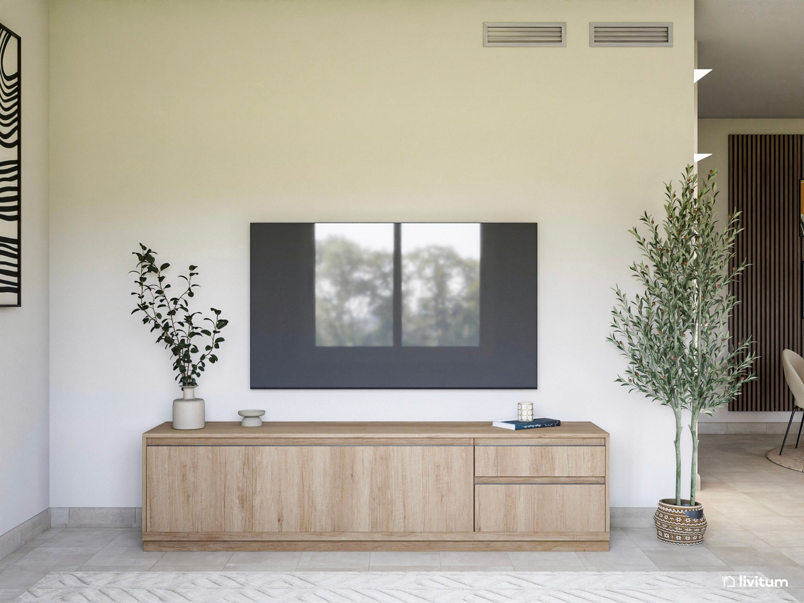 Salón ecléctico y moderno, con listones de madera y toques artísticos