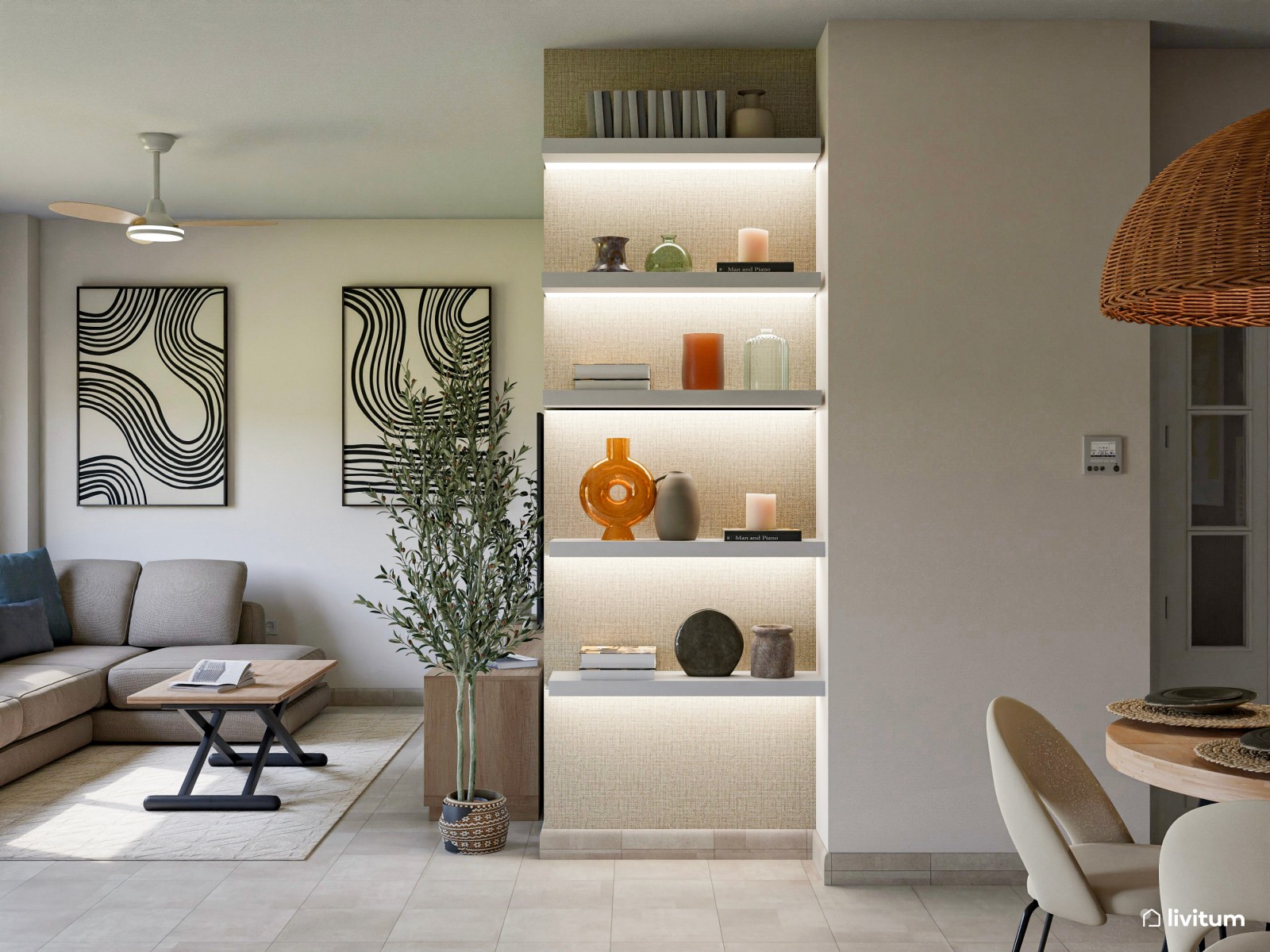 Salón ecléctico y moderno, con listones de madera y toques artísticos
