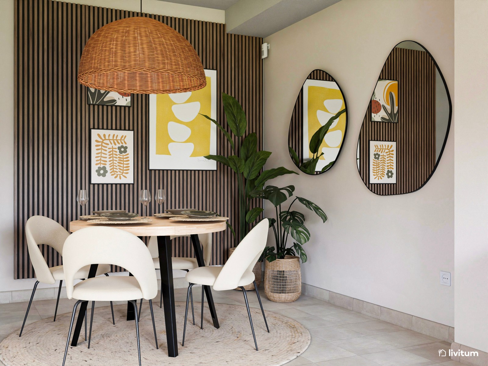 Salón ecléctico y moderno, con listones de madera y toques artísticos