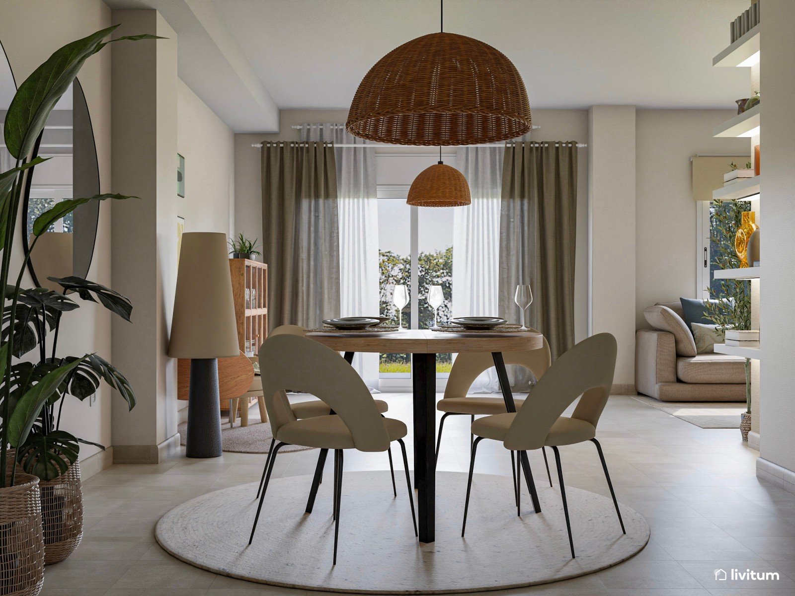 Salón ecléctico y moderno, con listones de madera y toques artísticos