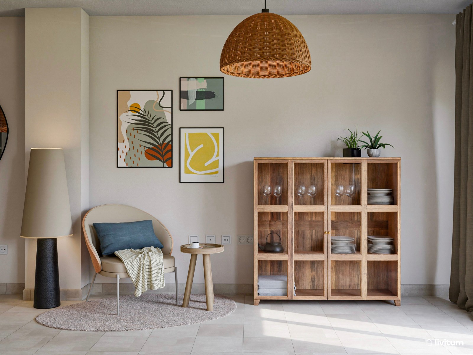 Salón ecléctico y moderno, con listones de madera y toques artísticos
