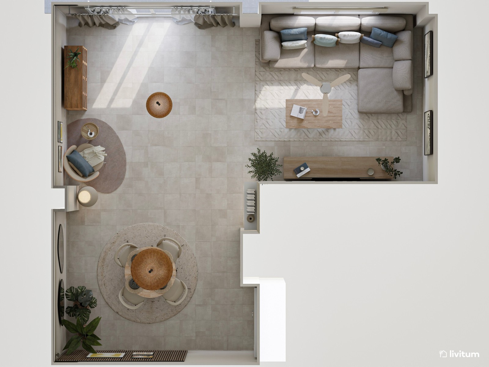 Salón ecléctico y moderno, con listones de madera y toques artísticos