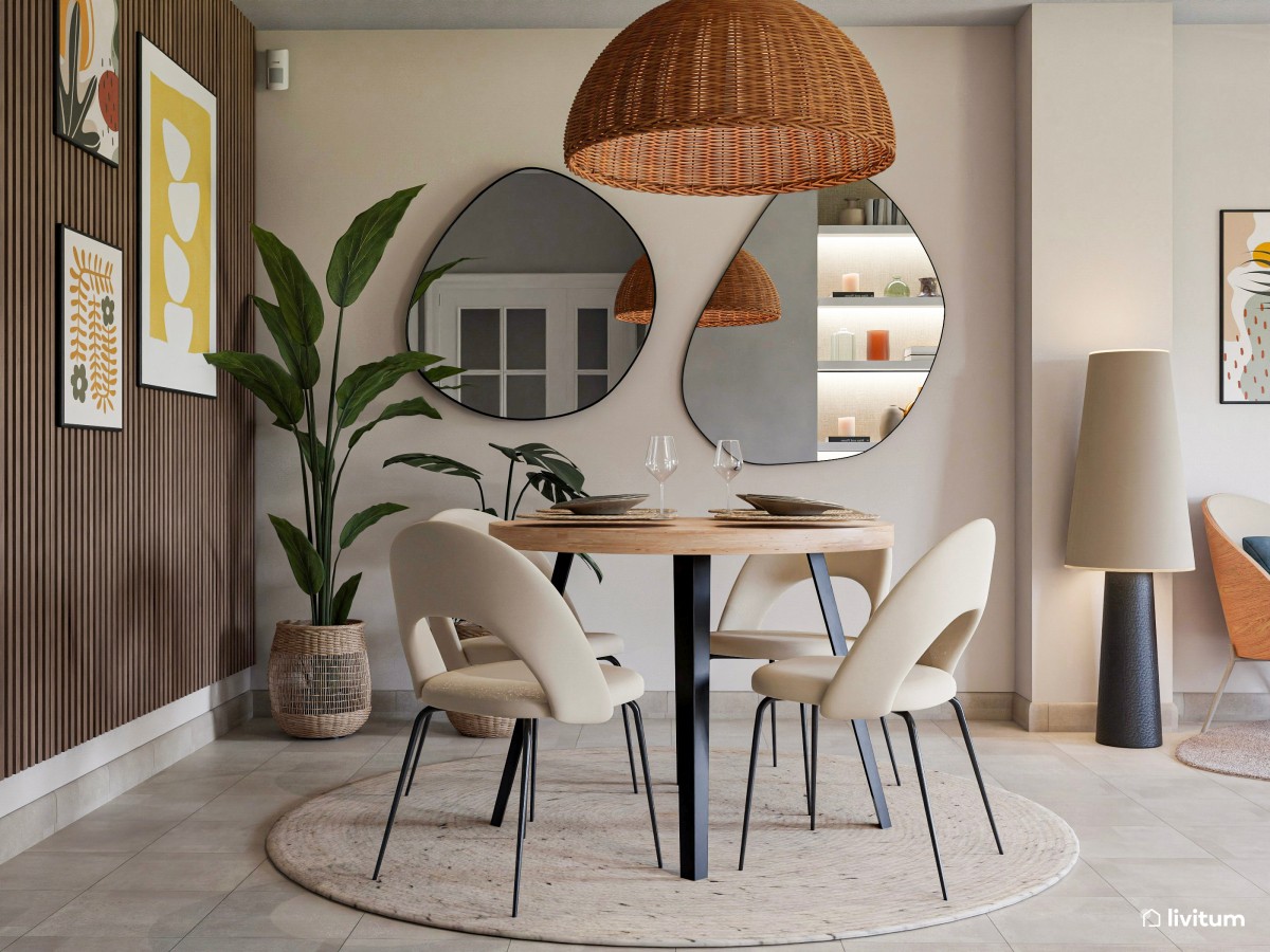 Salón ecléctico y moderno, con listones de madera y toques artísticos
