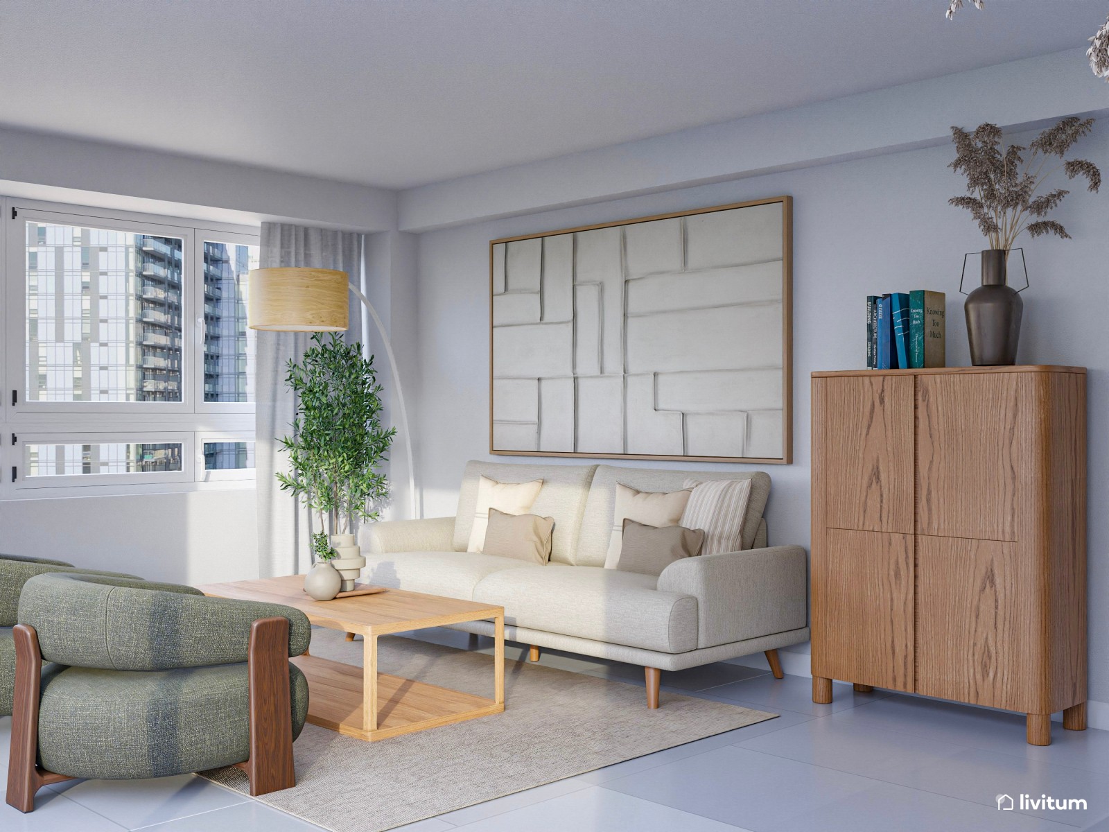 Salón elegante con muebles mid-century de líneas curvas