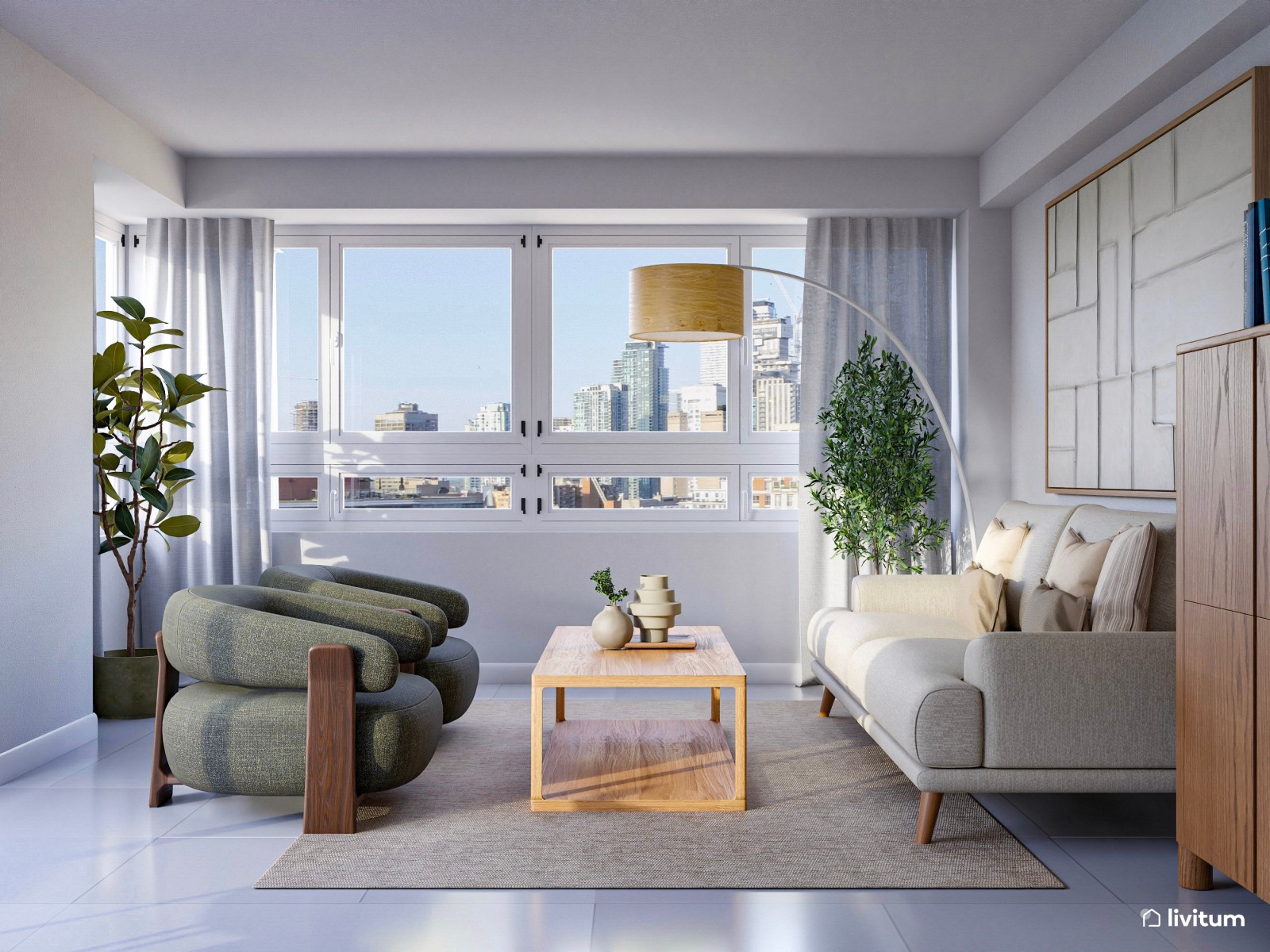 Salón elegante con muebles mid-century de líneas curvas