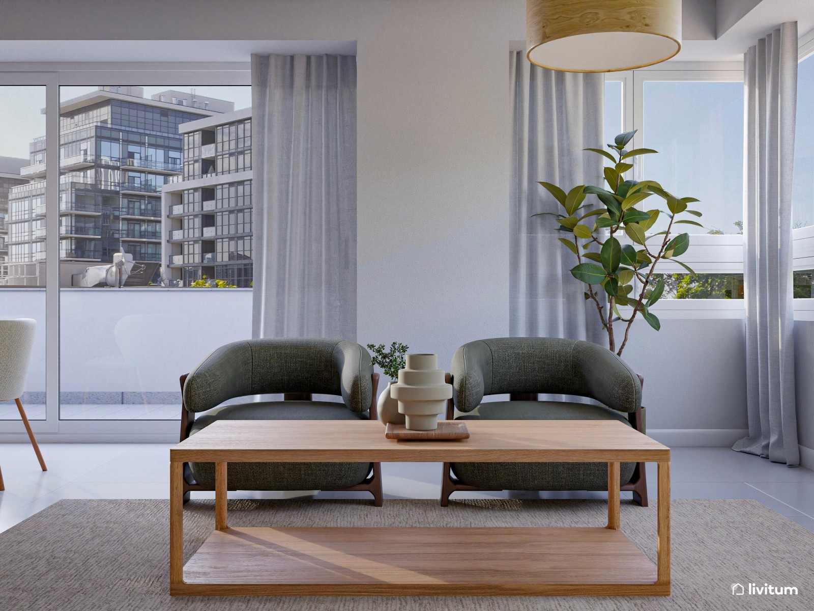 Salón elegante con muebles mid-century de líneas curvas