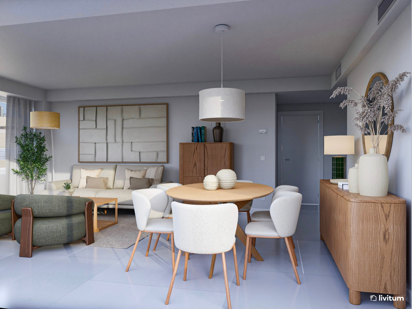 Salón elegante con muebles mid-century de líneas curvas