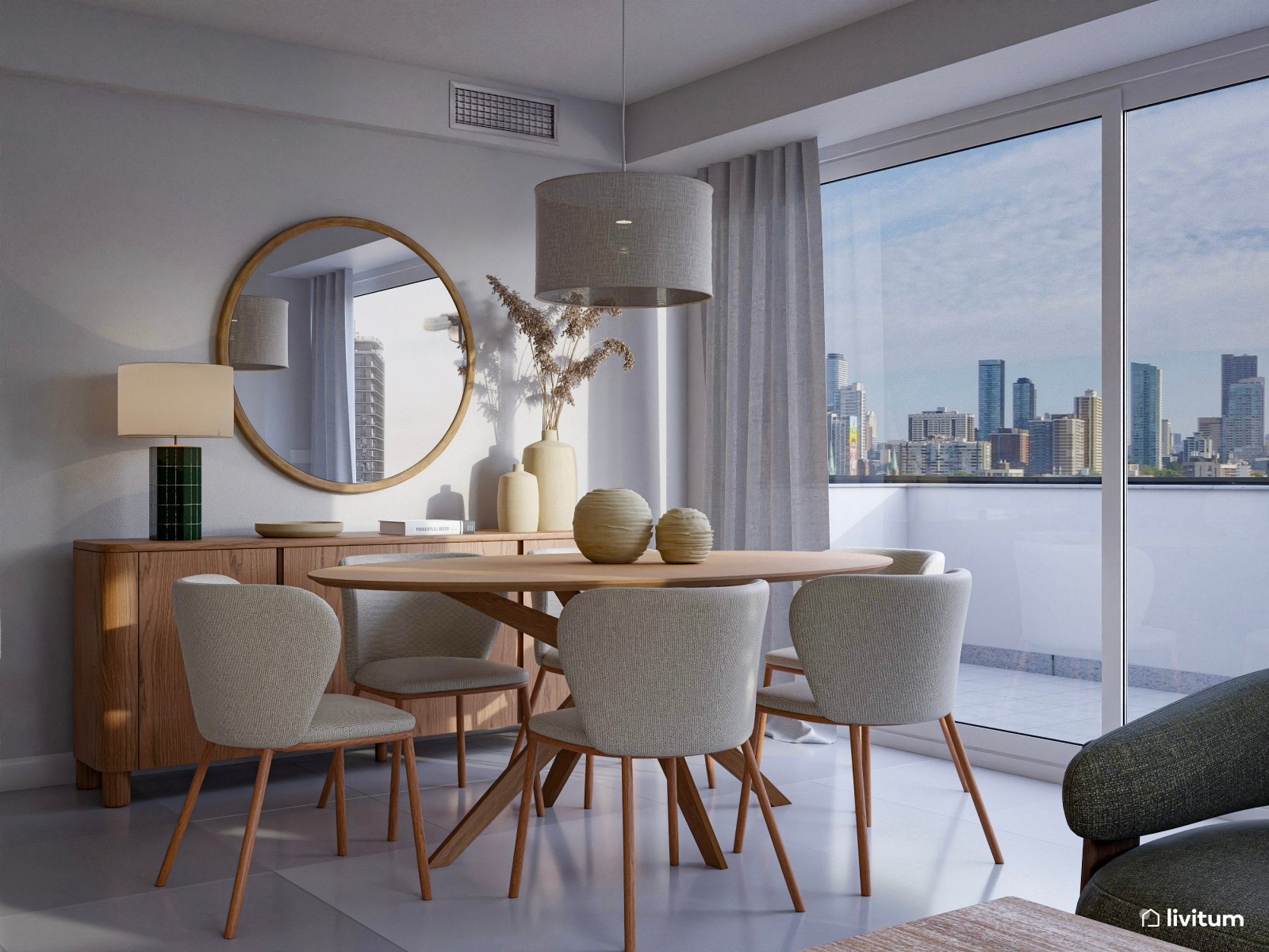 Salón elegante con muebles mid-century de líneas curvas